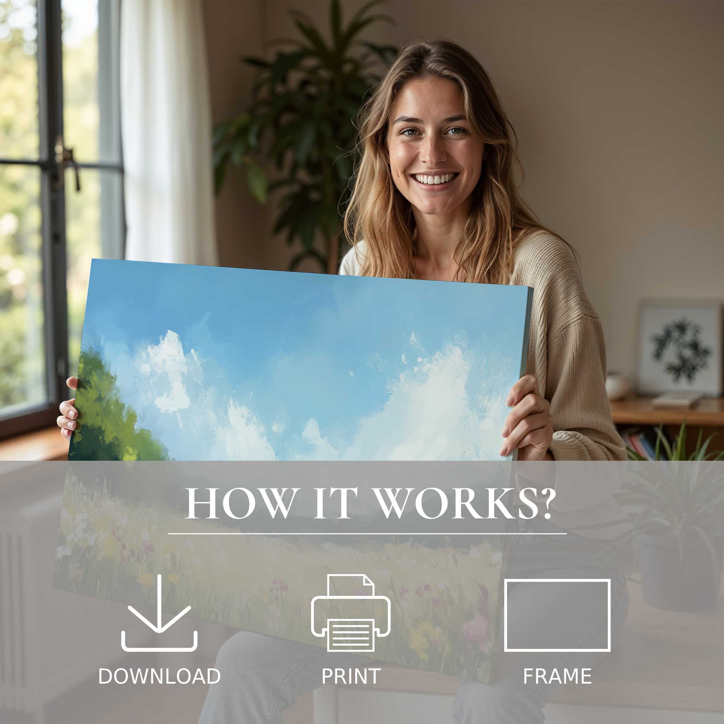 Radiant summer digital art print brightens a modern home, capturing joy and effortless elegance in everyday living