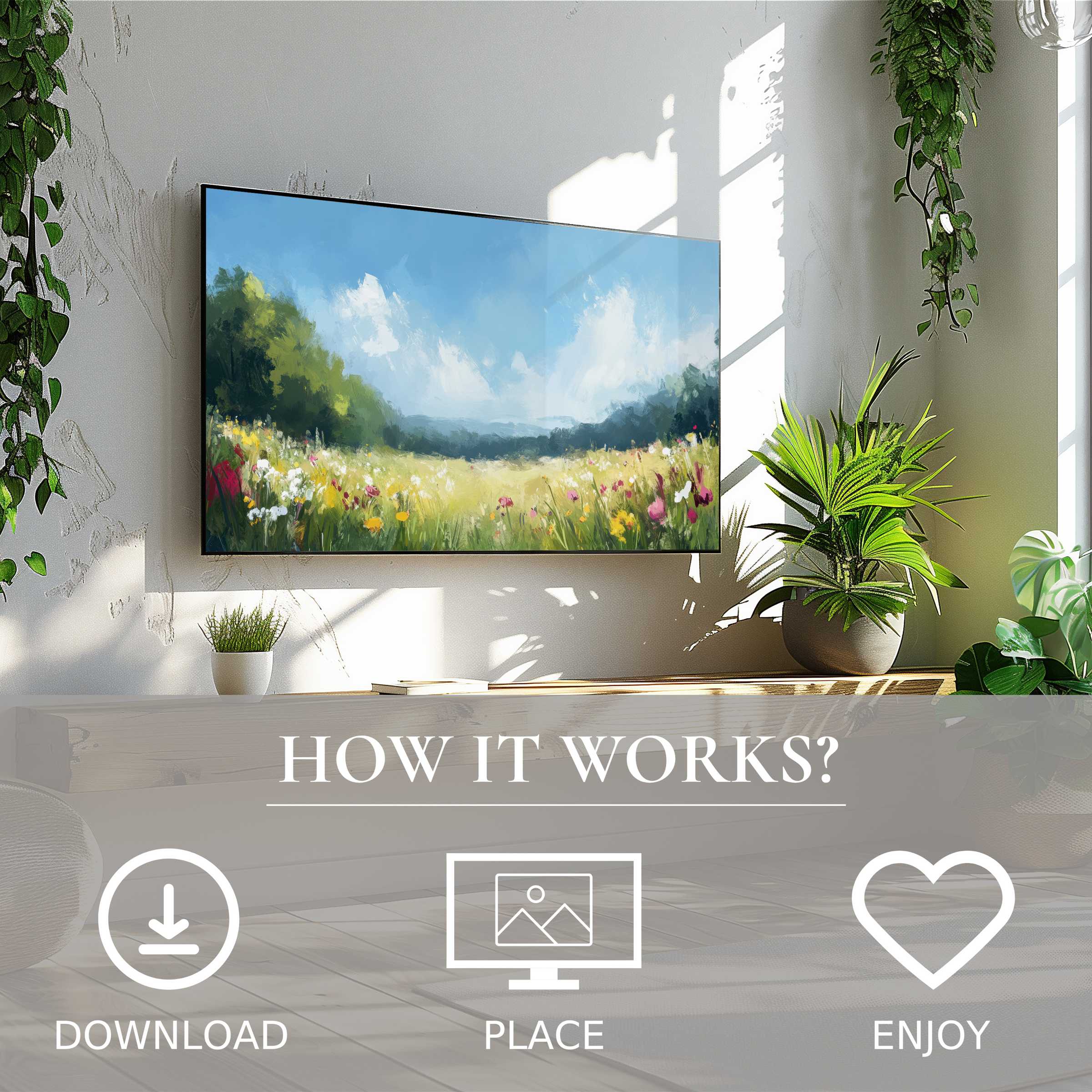 Summer art for Samsung TV showing soft sunset tones of a blooming meadow; easy digital download enriches your modern space