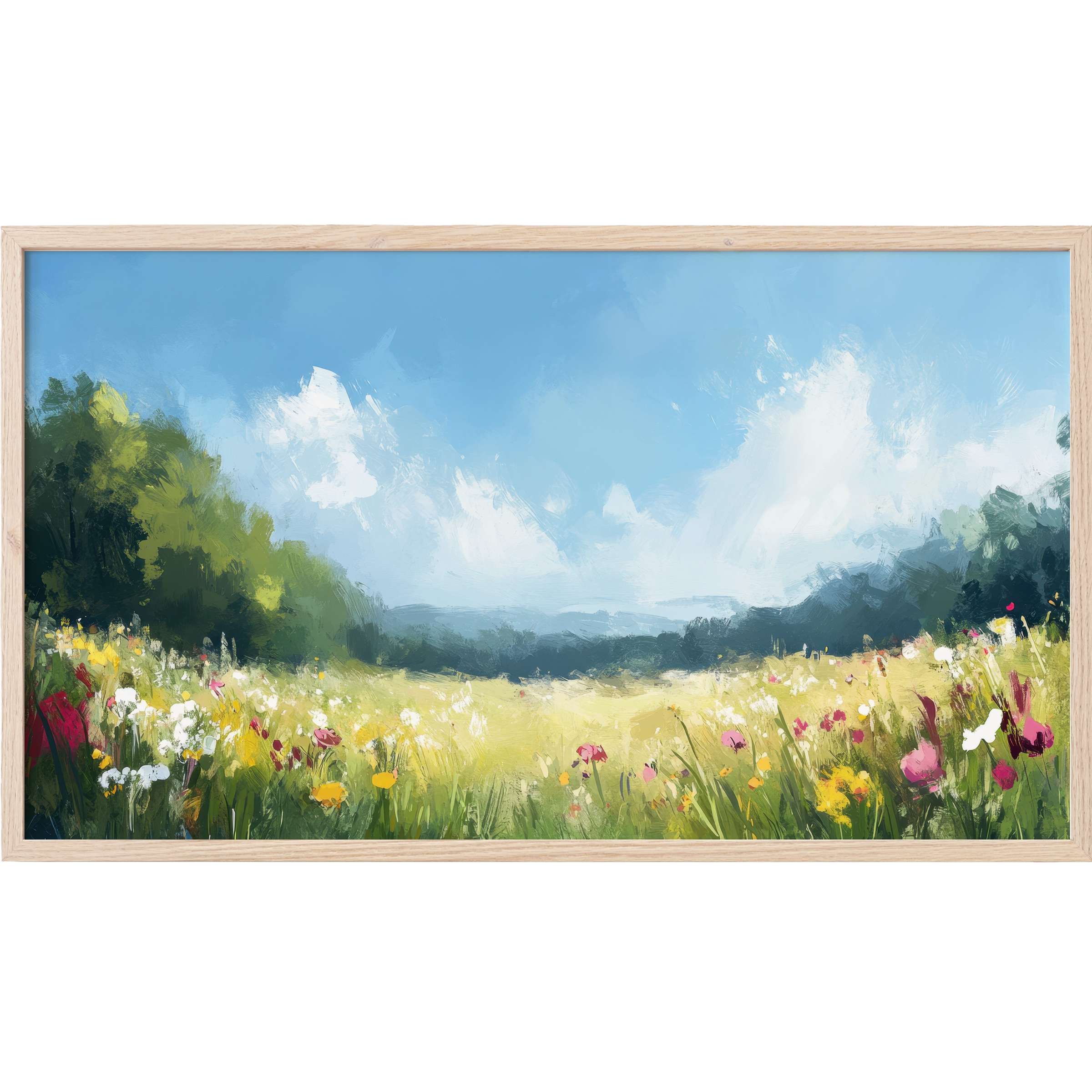 Bright floral meadow under soft blue skies with textured brushstrokes, perfect summer Frame TV Art for modern spaces