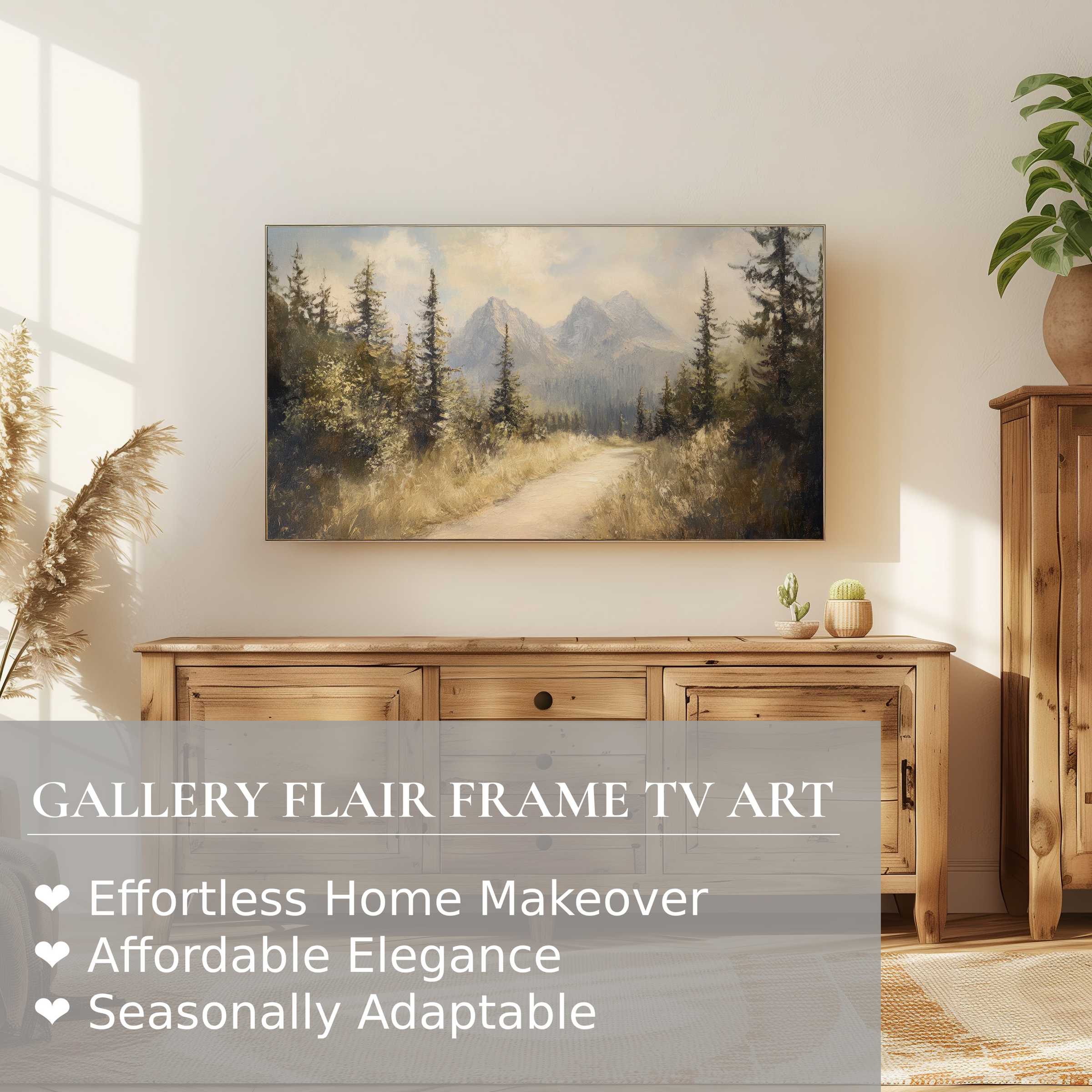 Elegant landscape digital artwork on Samsung Frame TV, blending nature's tranquility with refined home decor