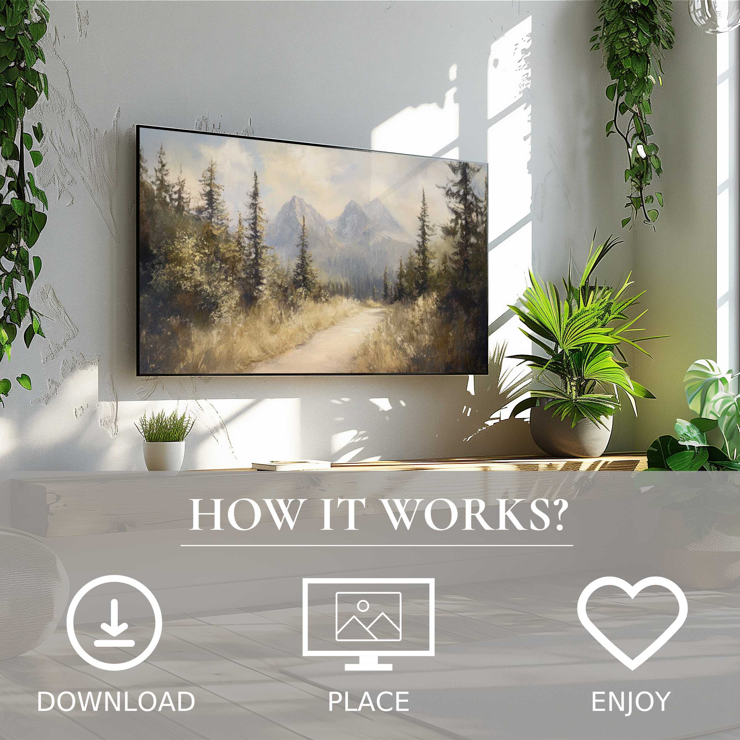 Modern living space with easy digital download Landscape art for Samsung TV shows soft sunset tones enriching your room