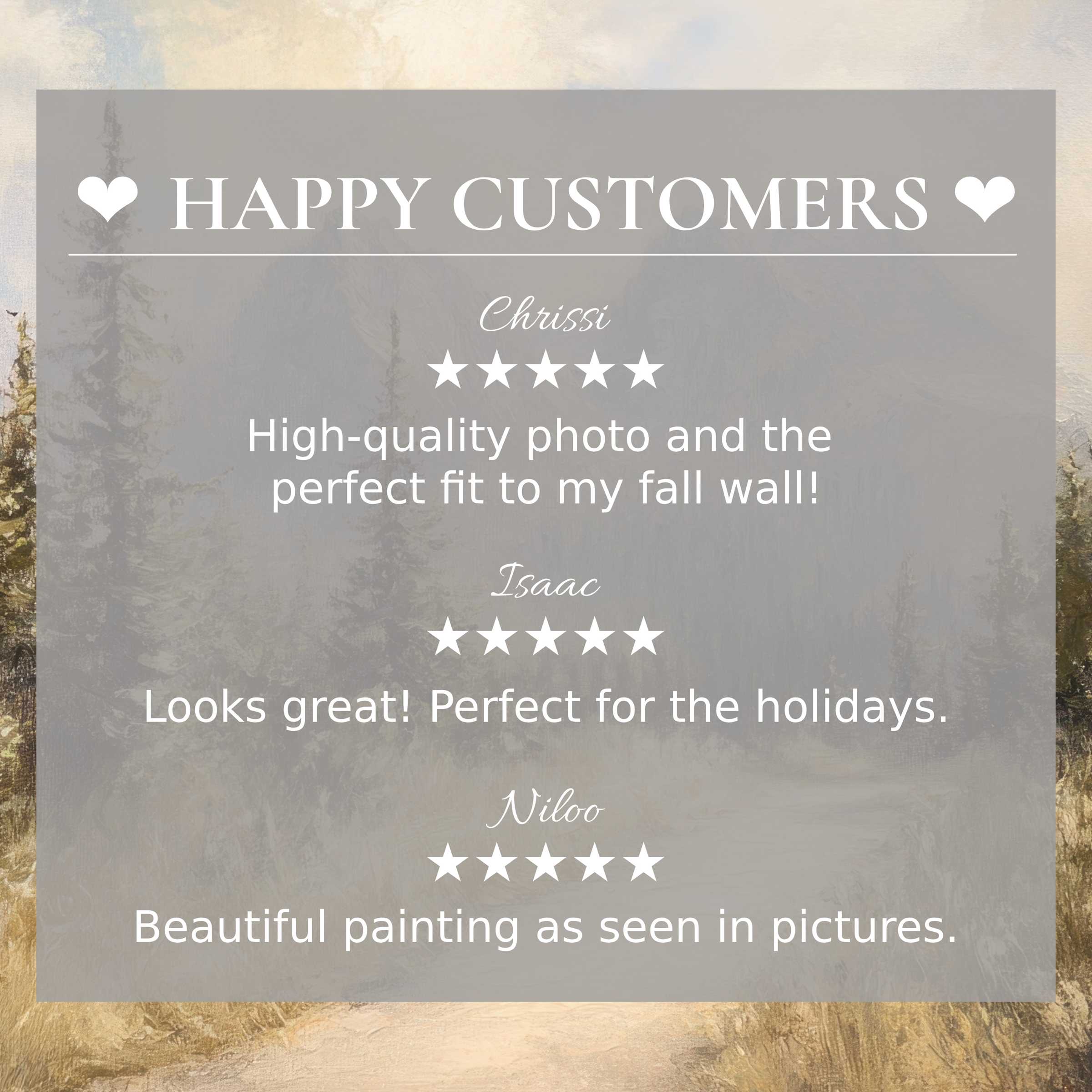 Refined landscape art for Frame TV with misty forest hues, showcasing happy customer praise and elegant design trust