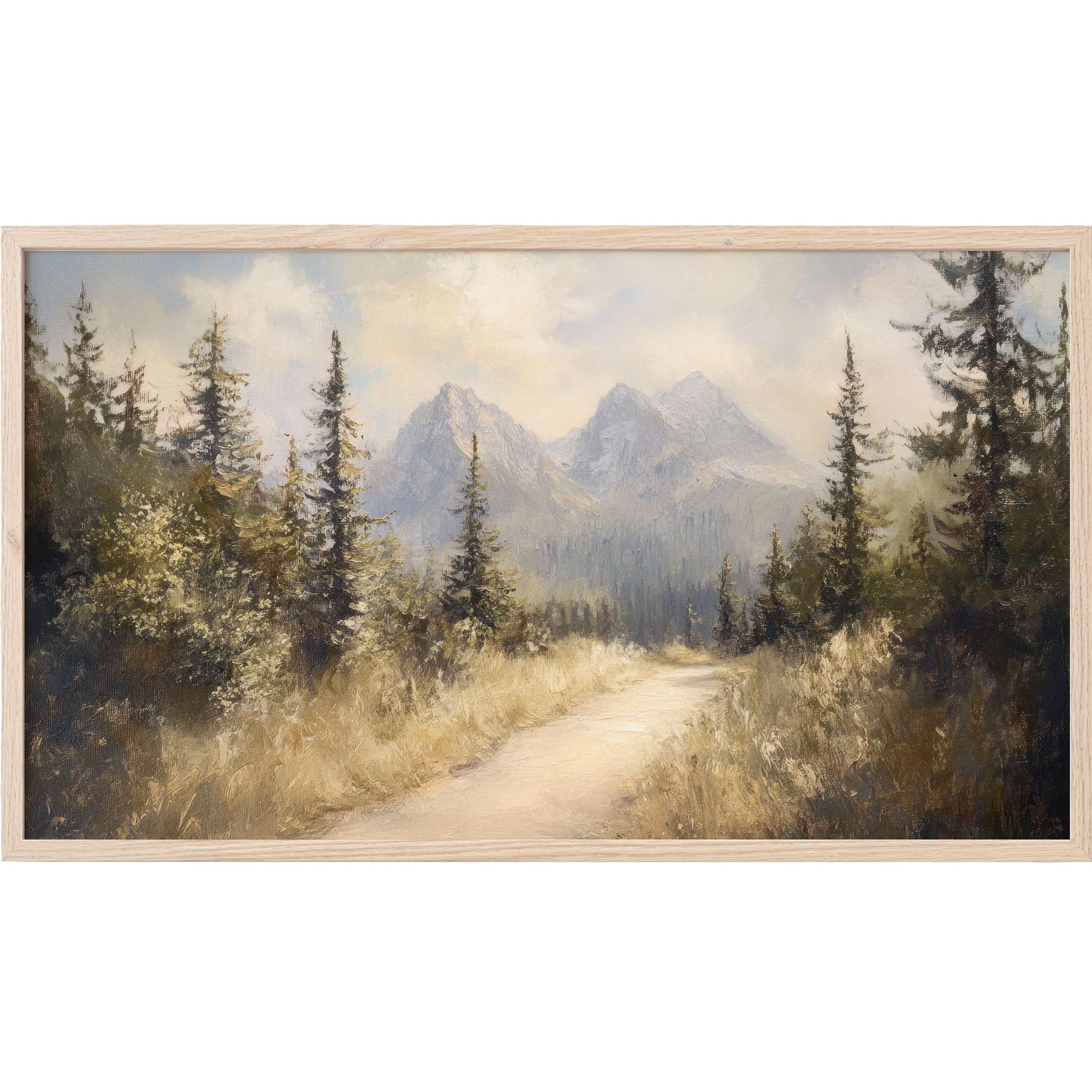 Serene muted earth tones depict a misty mountain path framed in natural wood, perfect landscape Frame TV Art