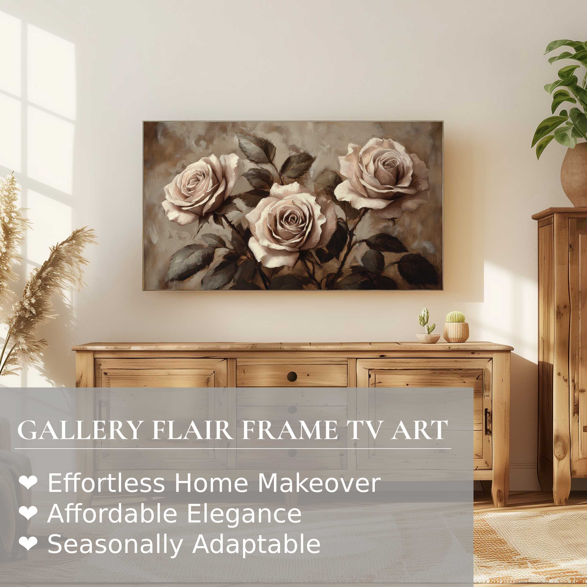 Samsung Frame TV displaying refined floral digital artwork, enhancing a warm, elegant, and modern living space