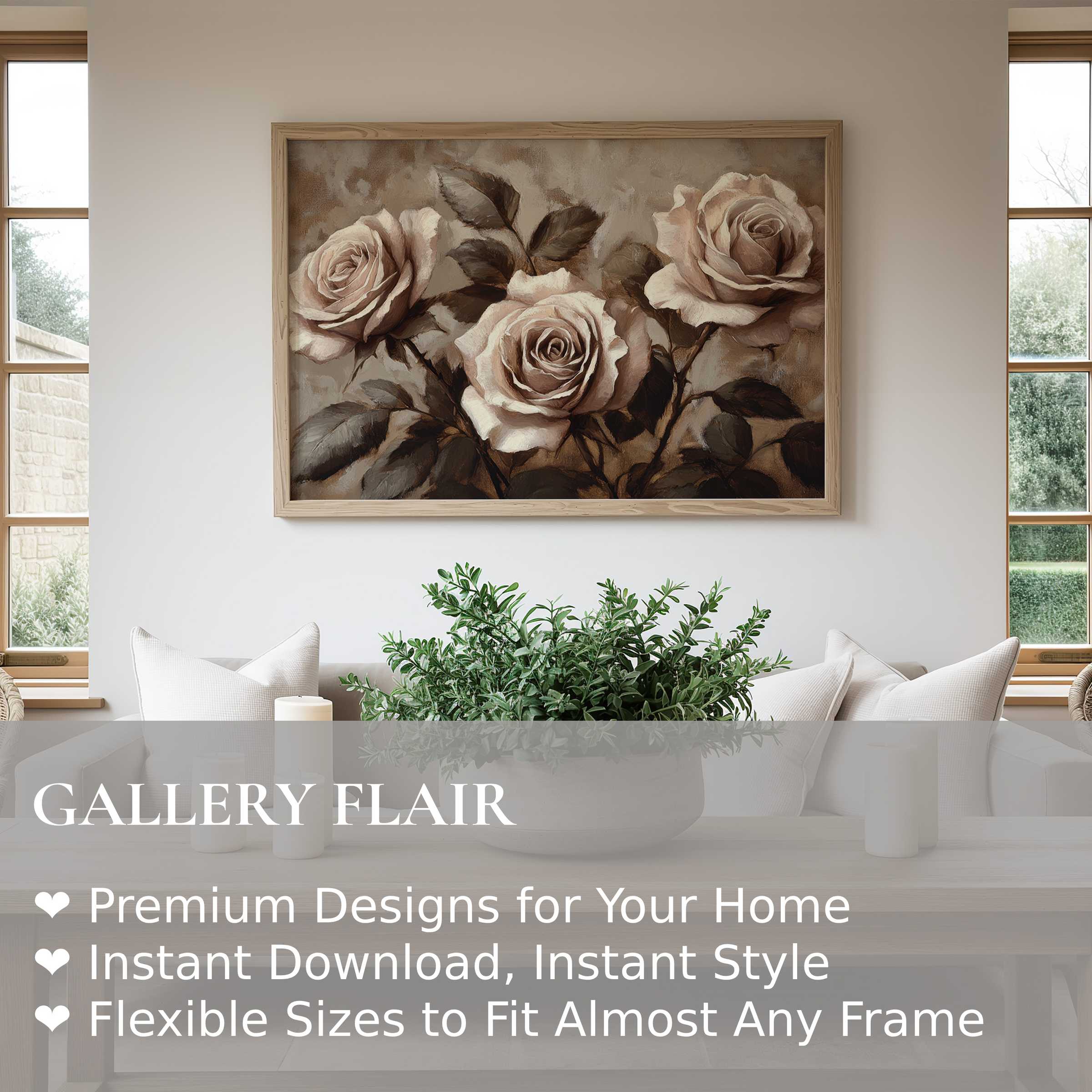 Elegant floral wall art print featuring soft beige roses and muted foliage, enhancing contemporary minimalist interiors with timeless charm