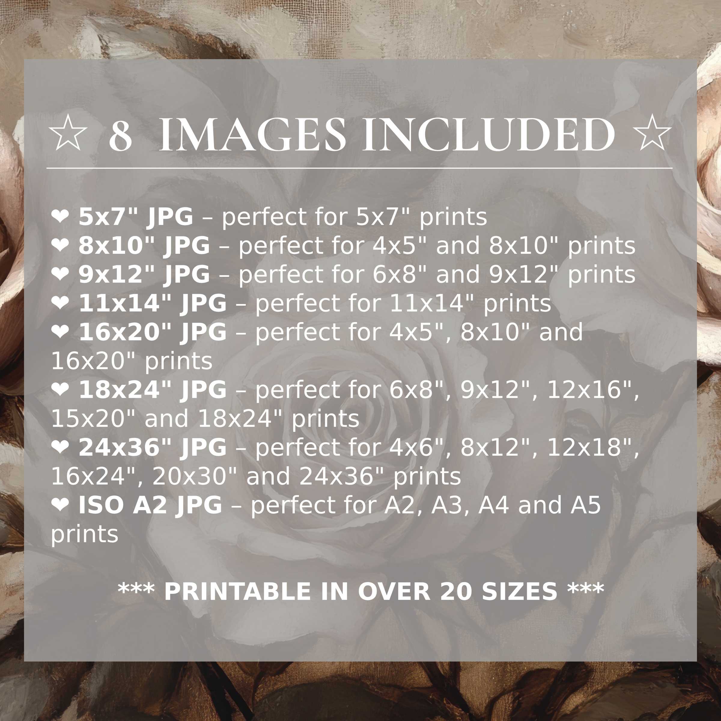 Floral digital print in soft taupe and cream tones radiates calming elegance, included in 8 premium sizes to elevate modern interiors with versatile style