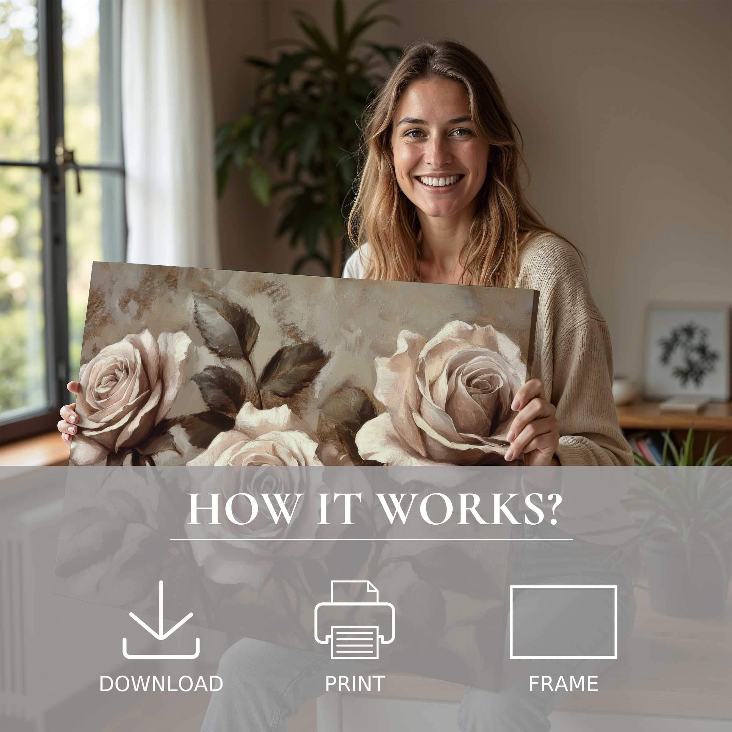 A radiant moment of connection and joy with a floral digital art print, enriching a modern home’s serene ambiance