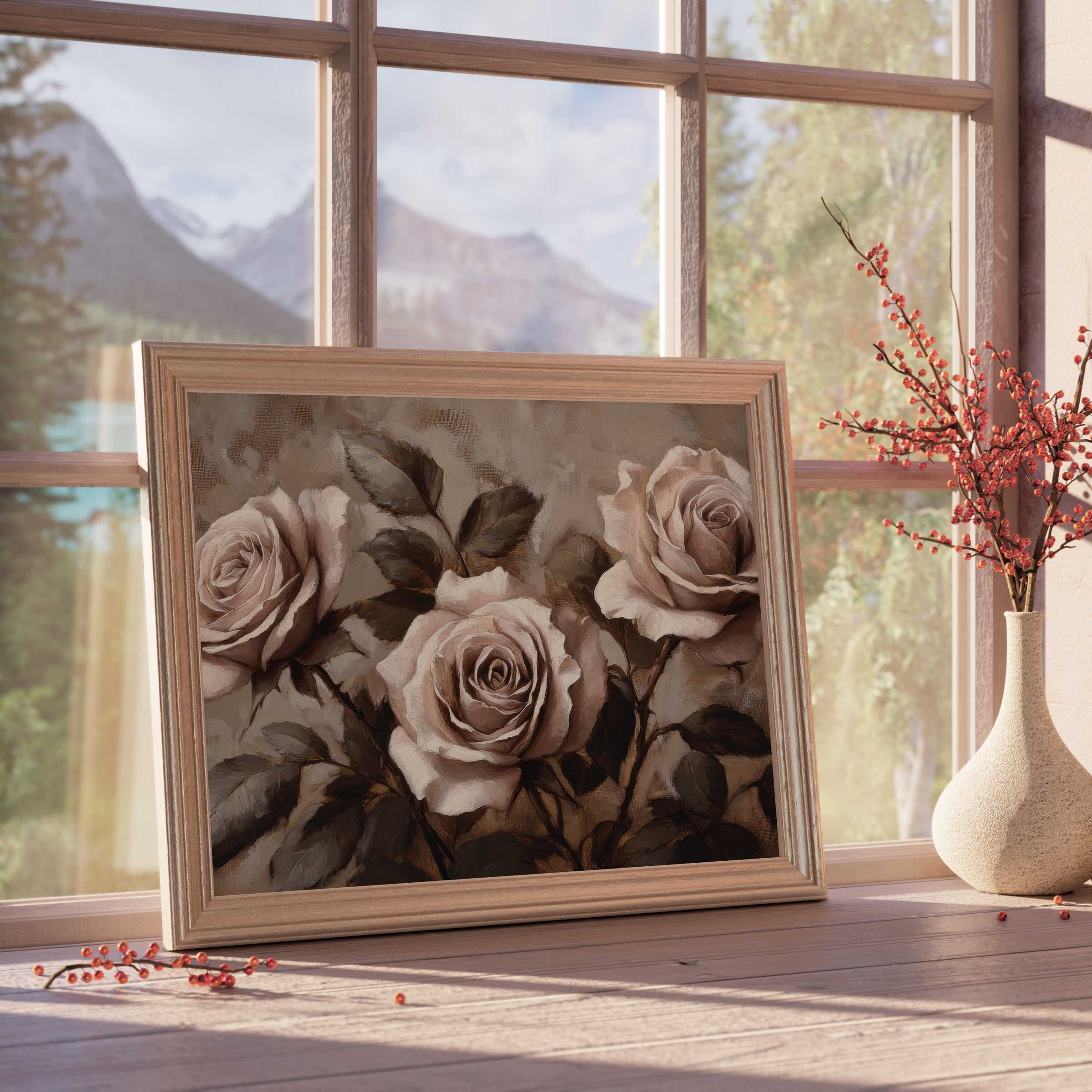 Elegant floral downloadable art featuring timeless sepia roses, enriching serene, design-forward interiors with warm sophistication and curated charm