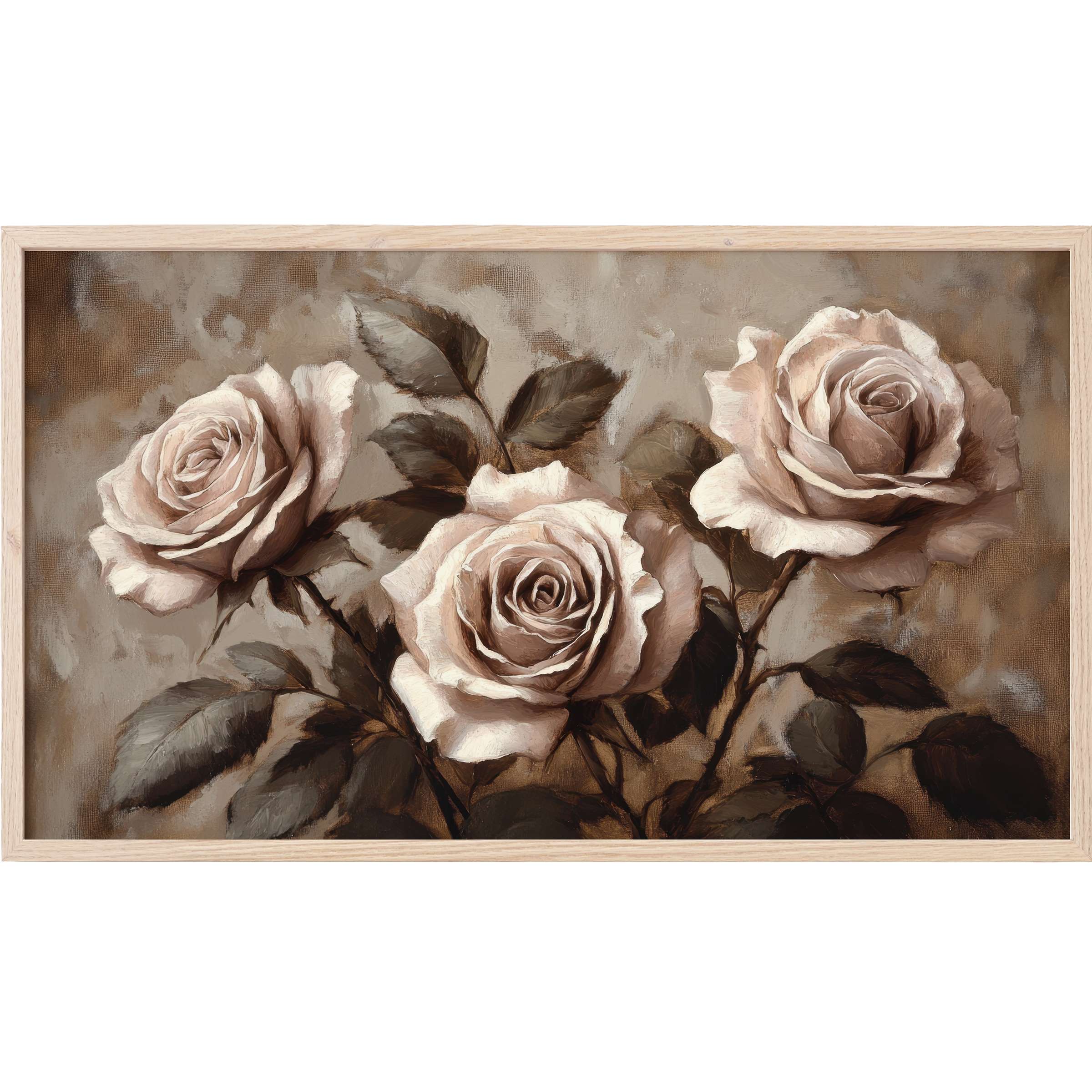 Elegant muted beige roses with dark leaves in painterly brushstrokes, perfect for a Floral Frame TV Art centerpiece