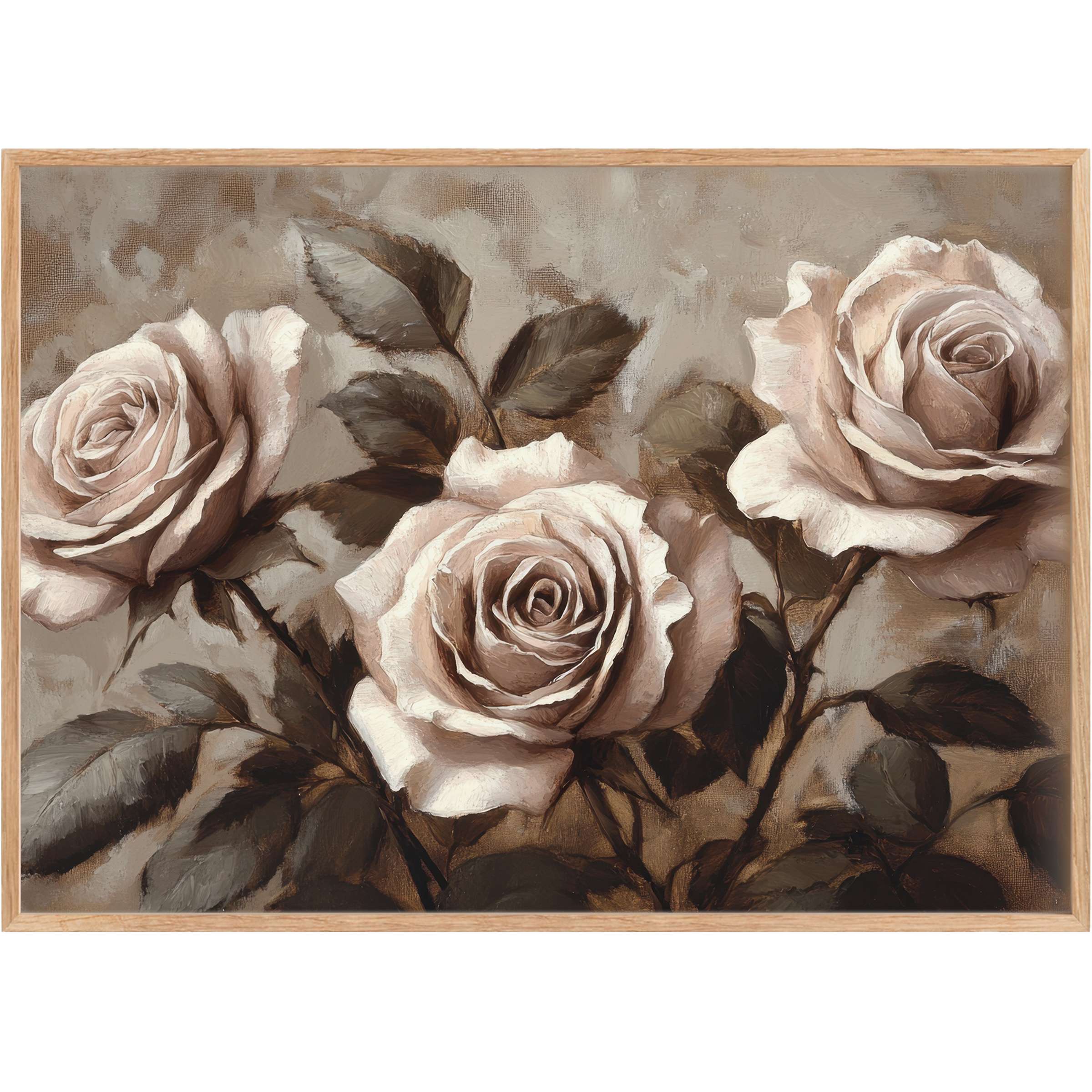 Elegant floral printable wall art featuring soft blush roses and muted taupe leaves, creating a timeless, serene ambiance