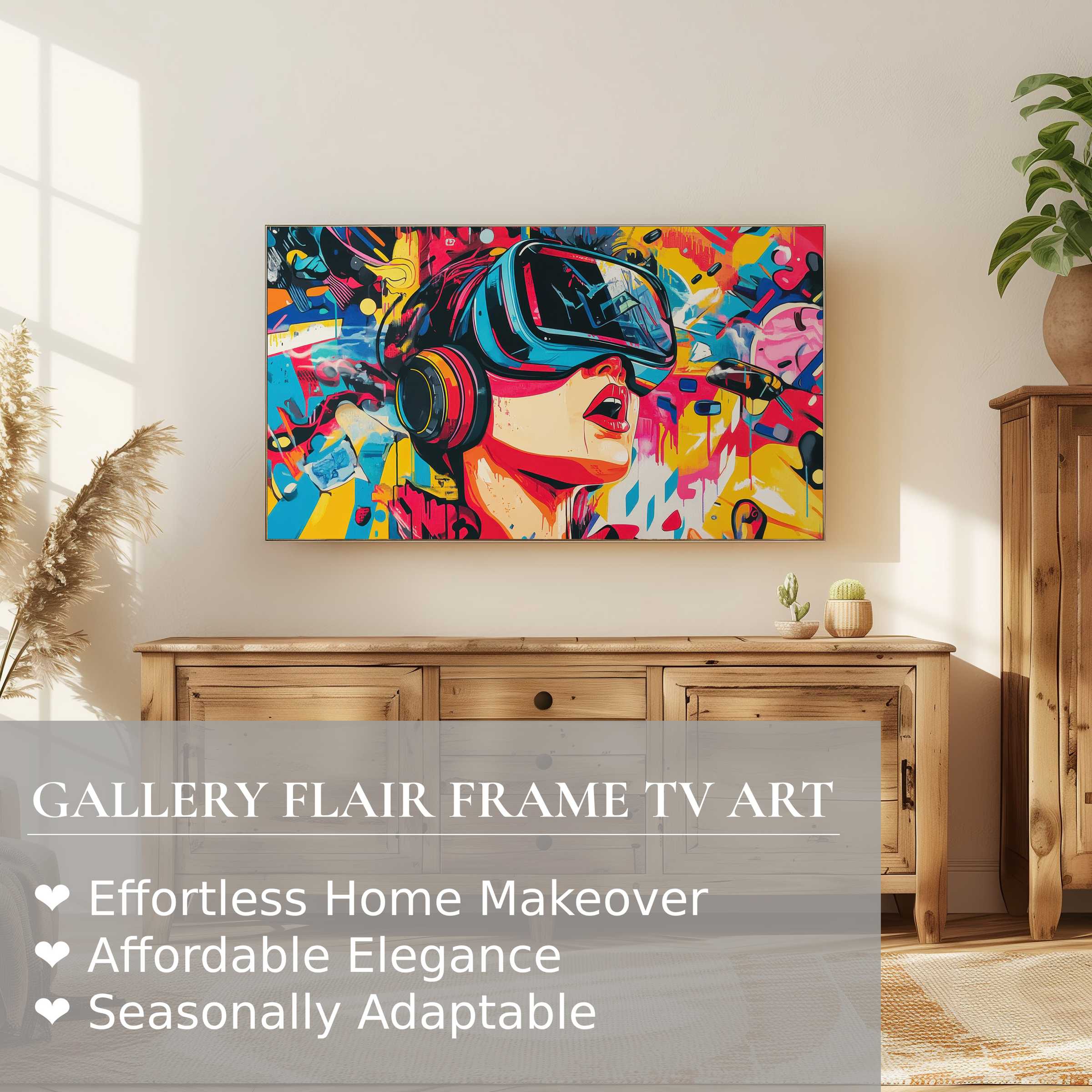 Samsung Frame TV displays vibrant pop art digital artwork in a modern, sunlit room with natural wooden accents