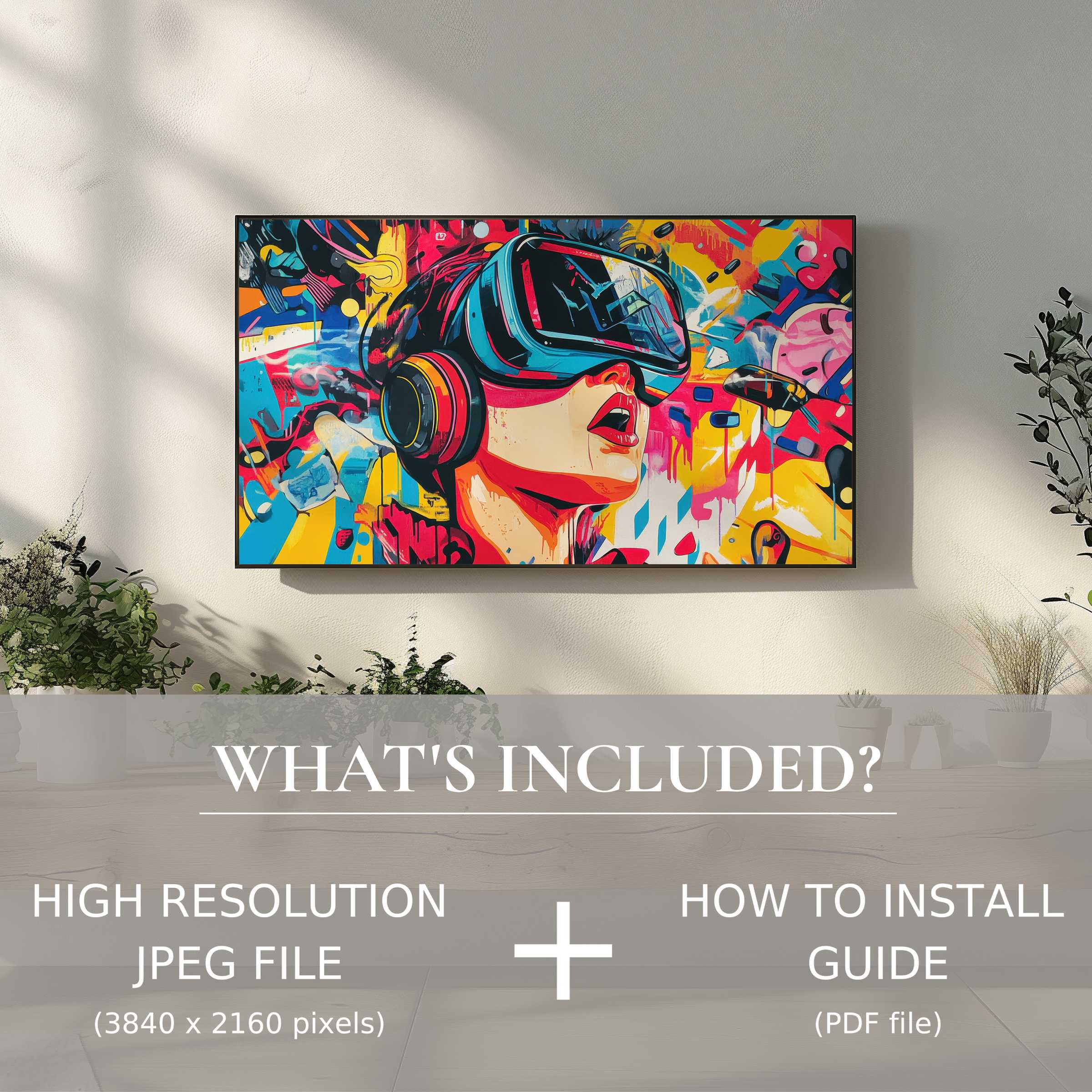Elegant living space enhanced by vibrant pop art digital TV art download, offering easy digital use and style