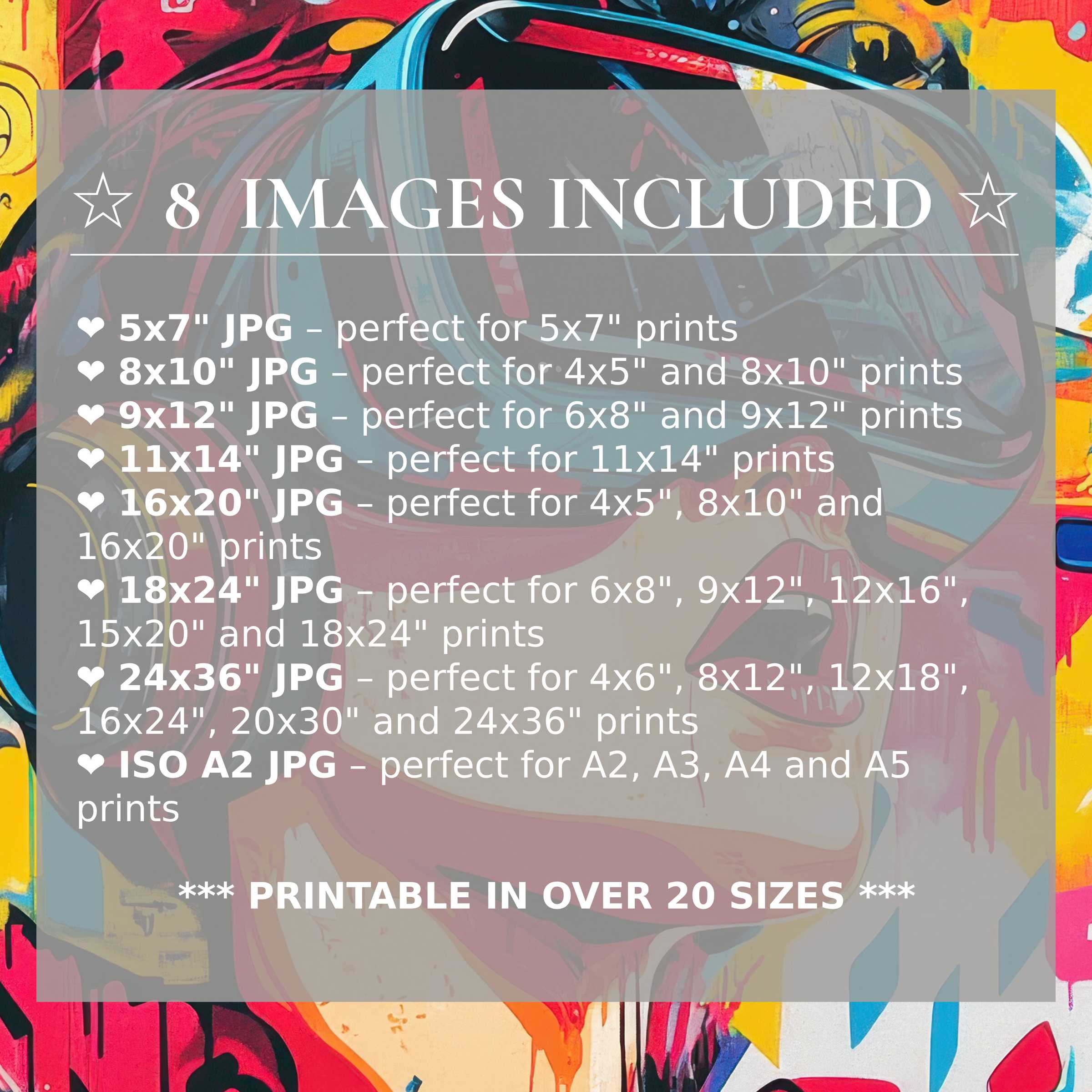 Pop art digital print exuding bold reds, blues, and yellows, delivered in 8 high-quality sizes included for effortless elegance and versatile modern interiors
