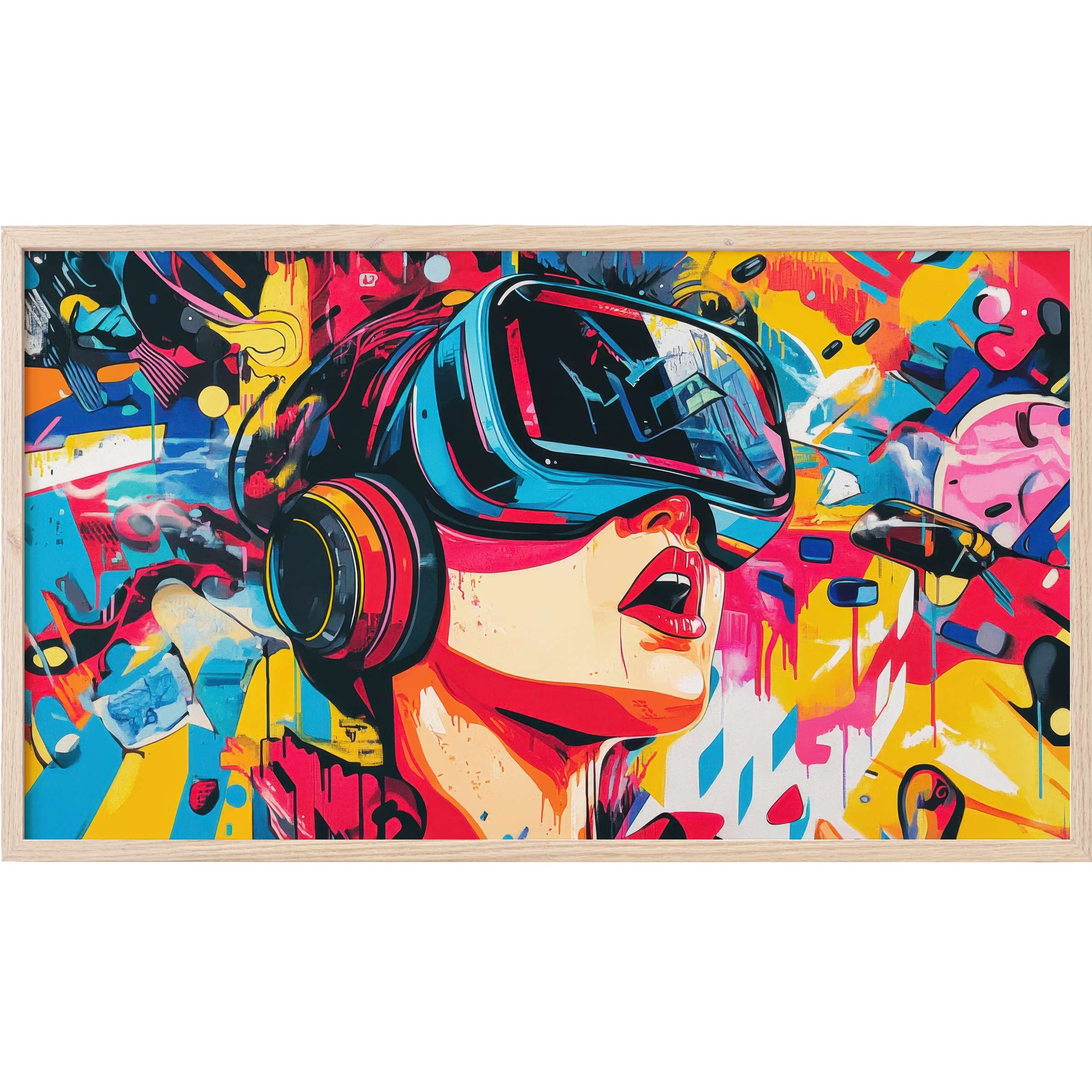 Vivid pop art Frame TV Art featuring a woman in VR headset, bold colors of red, yellow, blue, and dynamic brush strokes