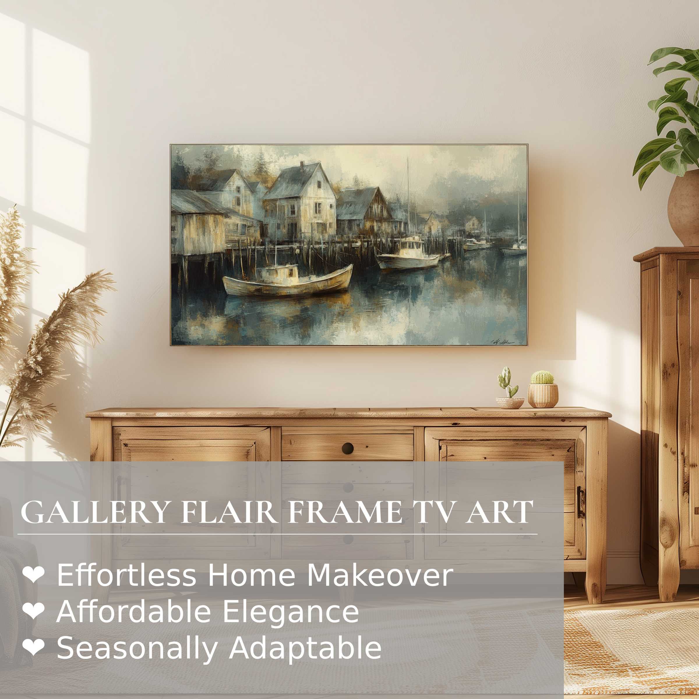 Samsung Frame TV displays a serene coastal digital artwork in muted tones, perfect for elegant modern decor