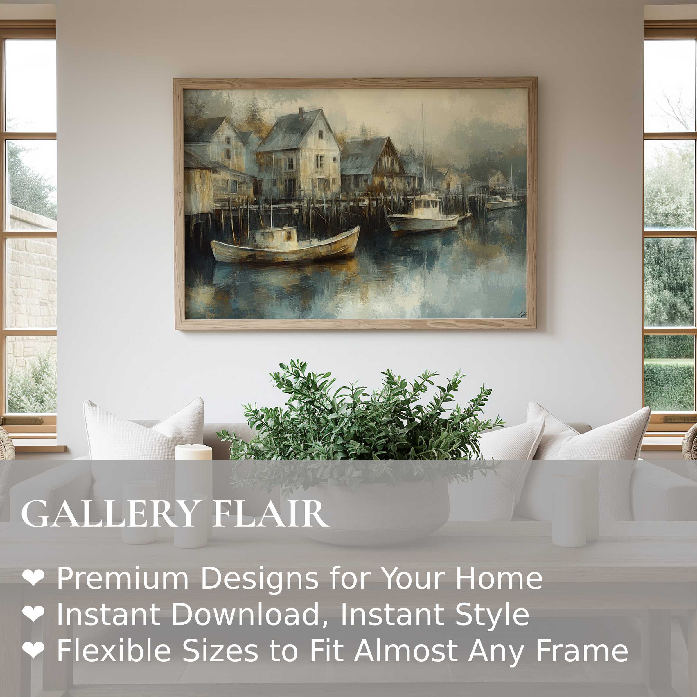Coastal wall art print capturing a serene harbor scene with weathered boats, adding soft, calming charm to modern rustic interiors