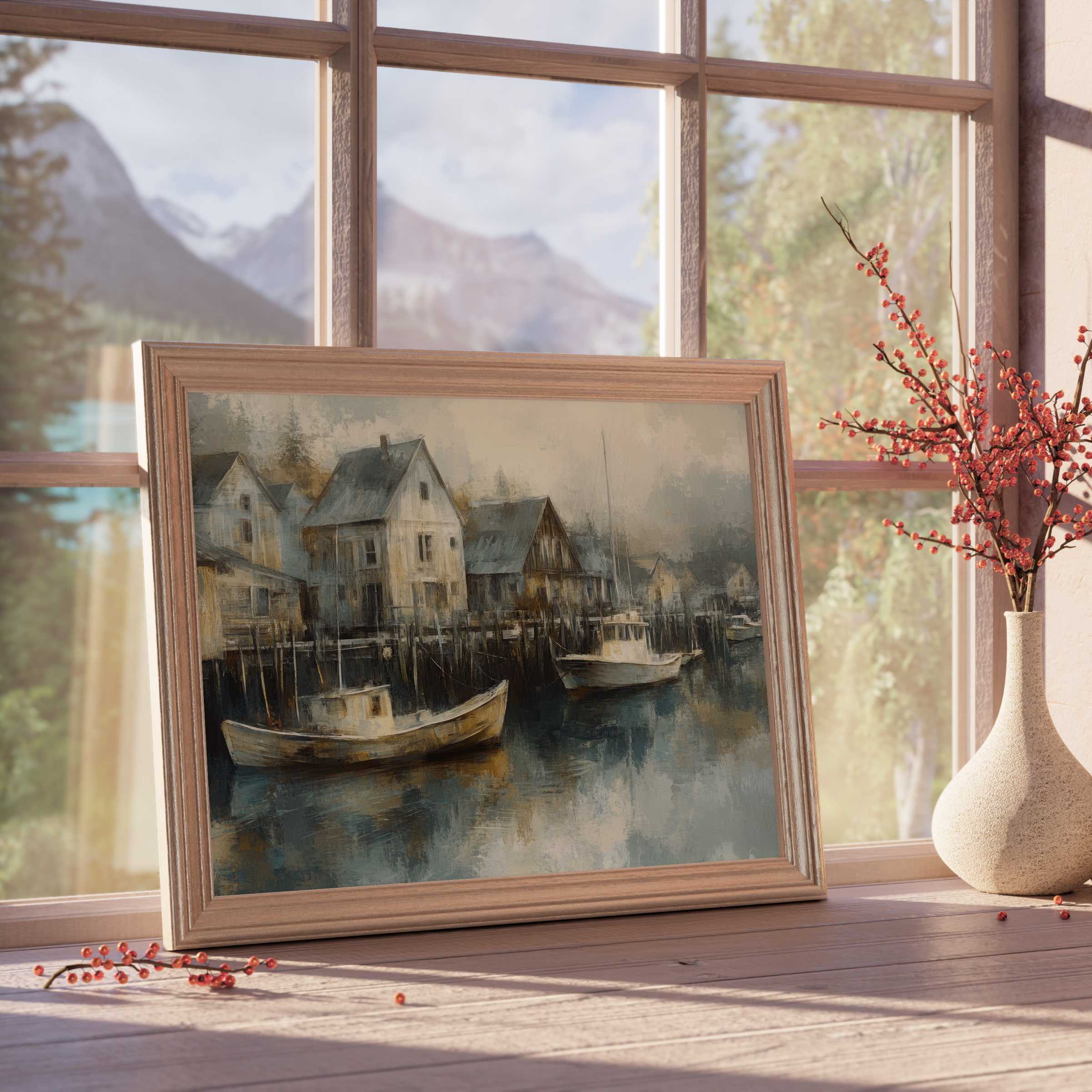 Coastal downloadable art evoking serene harbors and misty mornings, perfect for curated, tranquil, design-forward interiors