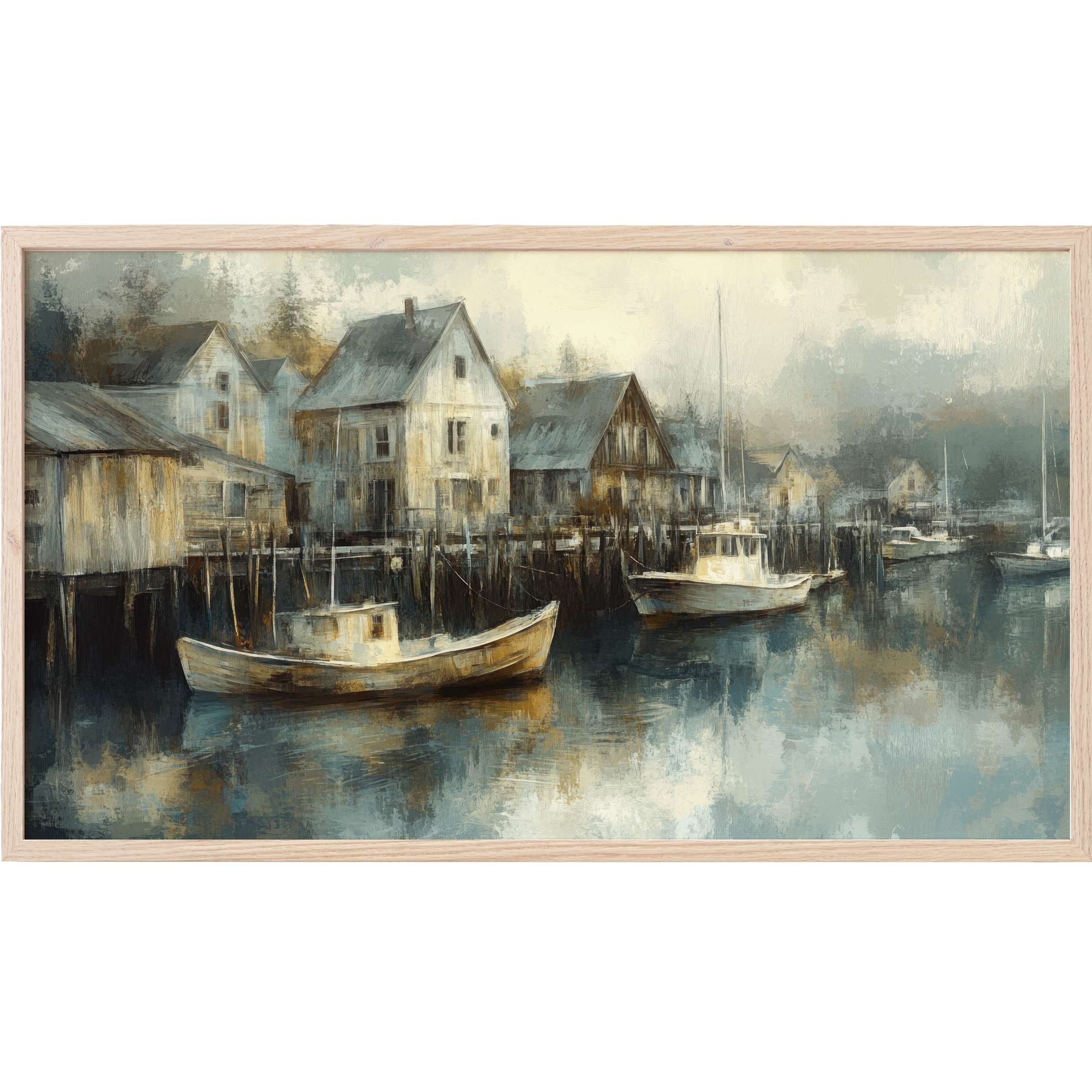 Misty harbor scene with weathered boats and cottages in muted blues and earthy tones, coastal Frame TV Art