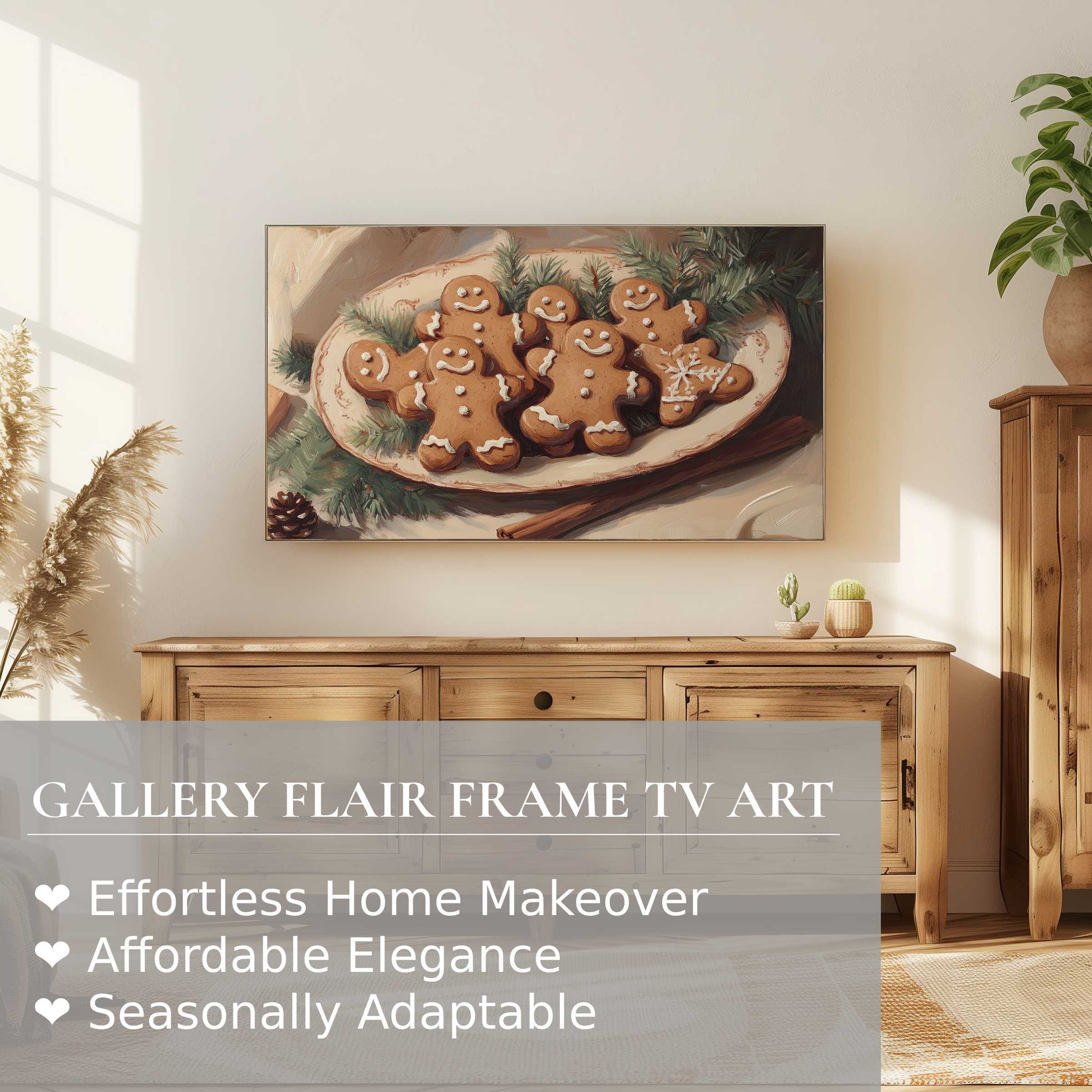 Samsung Frame TV displays warm, elegant christmas digital artwork of gingerbread cookies in a cozy modern living room