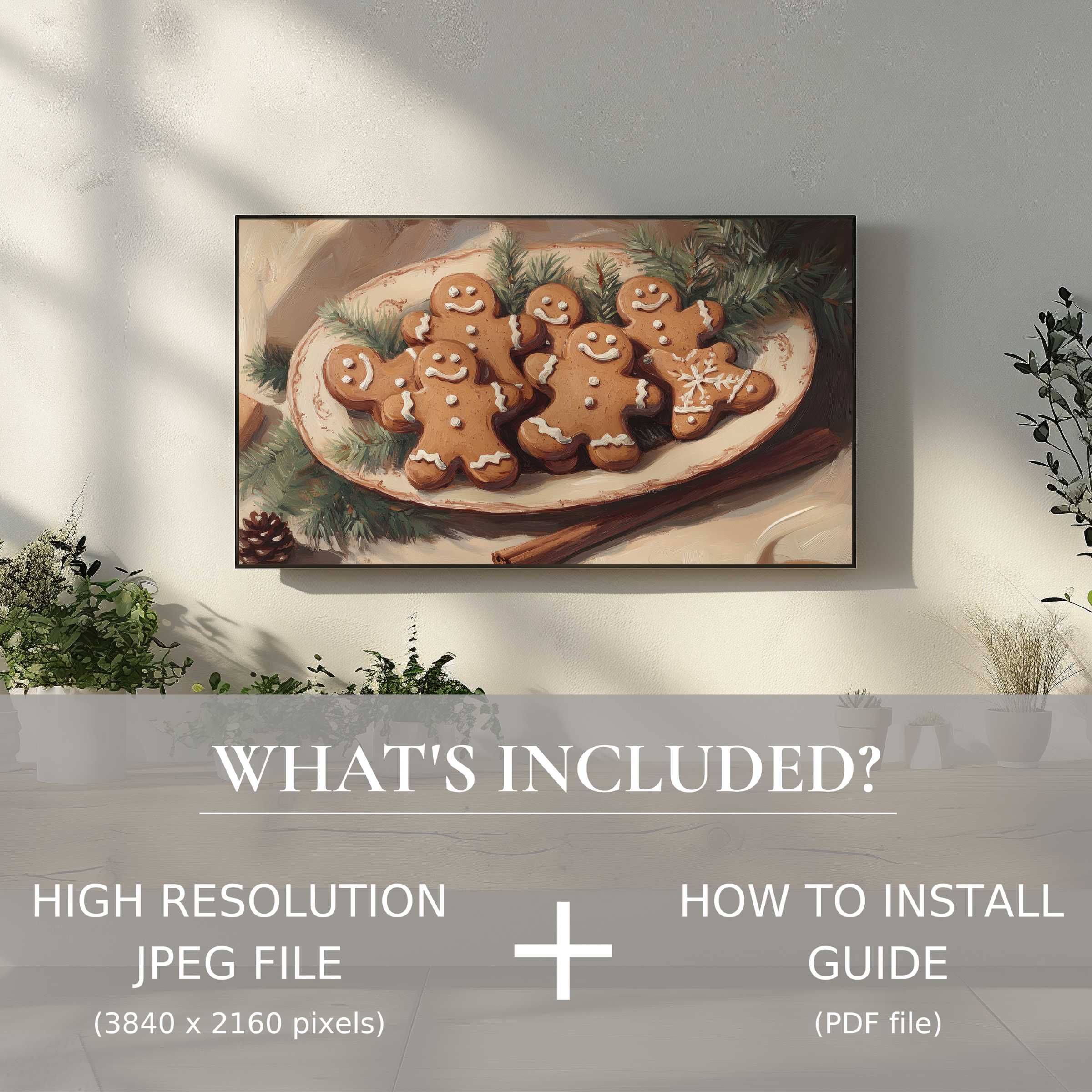 Elegant living space adorned with festive gingerbread art via easy christmas digital TV art download