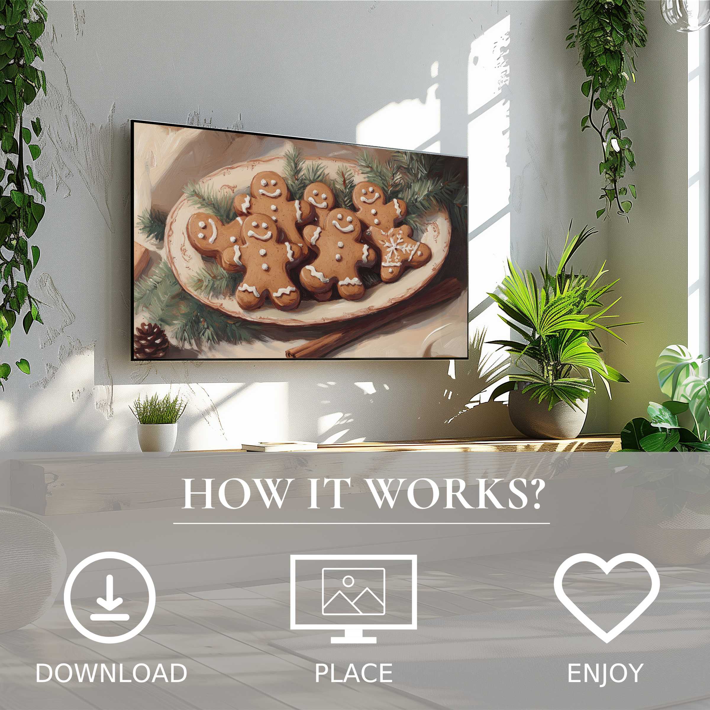 Modern living room with easy digital download christmas art for Samsung TV showing warm gingerbread color flow