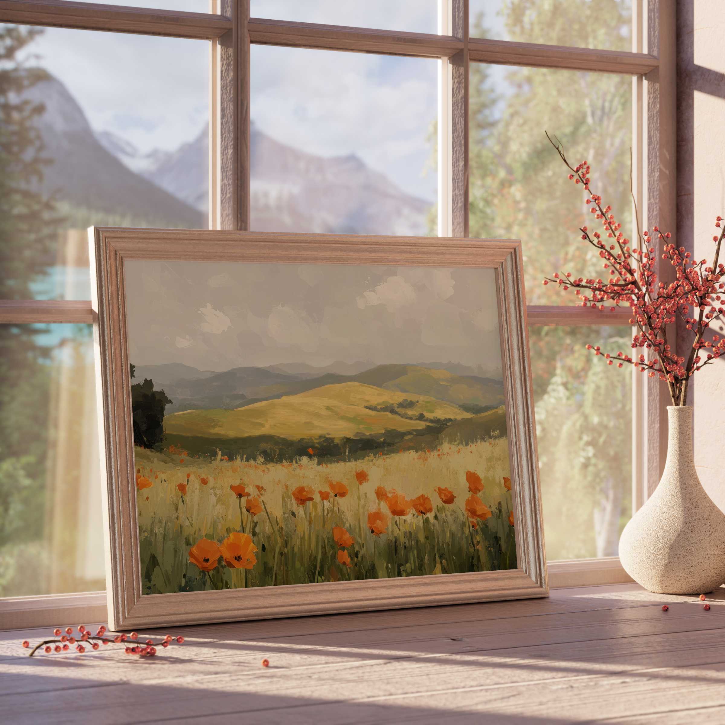 Spring downloadable art featuring a serene poppy meadow and rolling hills, elevating tranquil, curated interiors with warm, natural hues