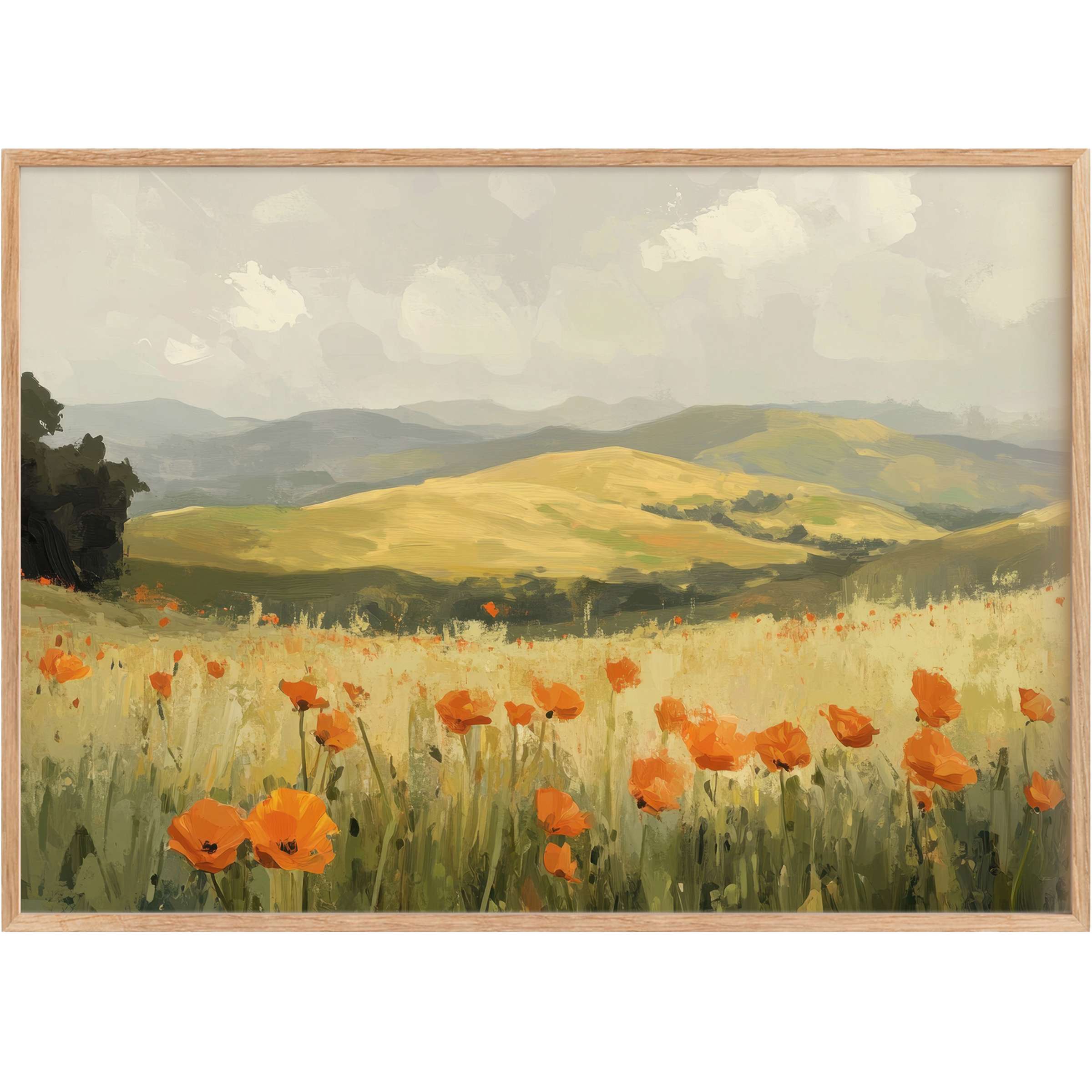 Radiant spring printable wall art featuring warm golden hills and vibrant orange poppies, evoking serene, uplifting elegance