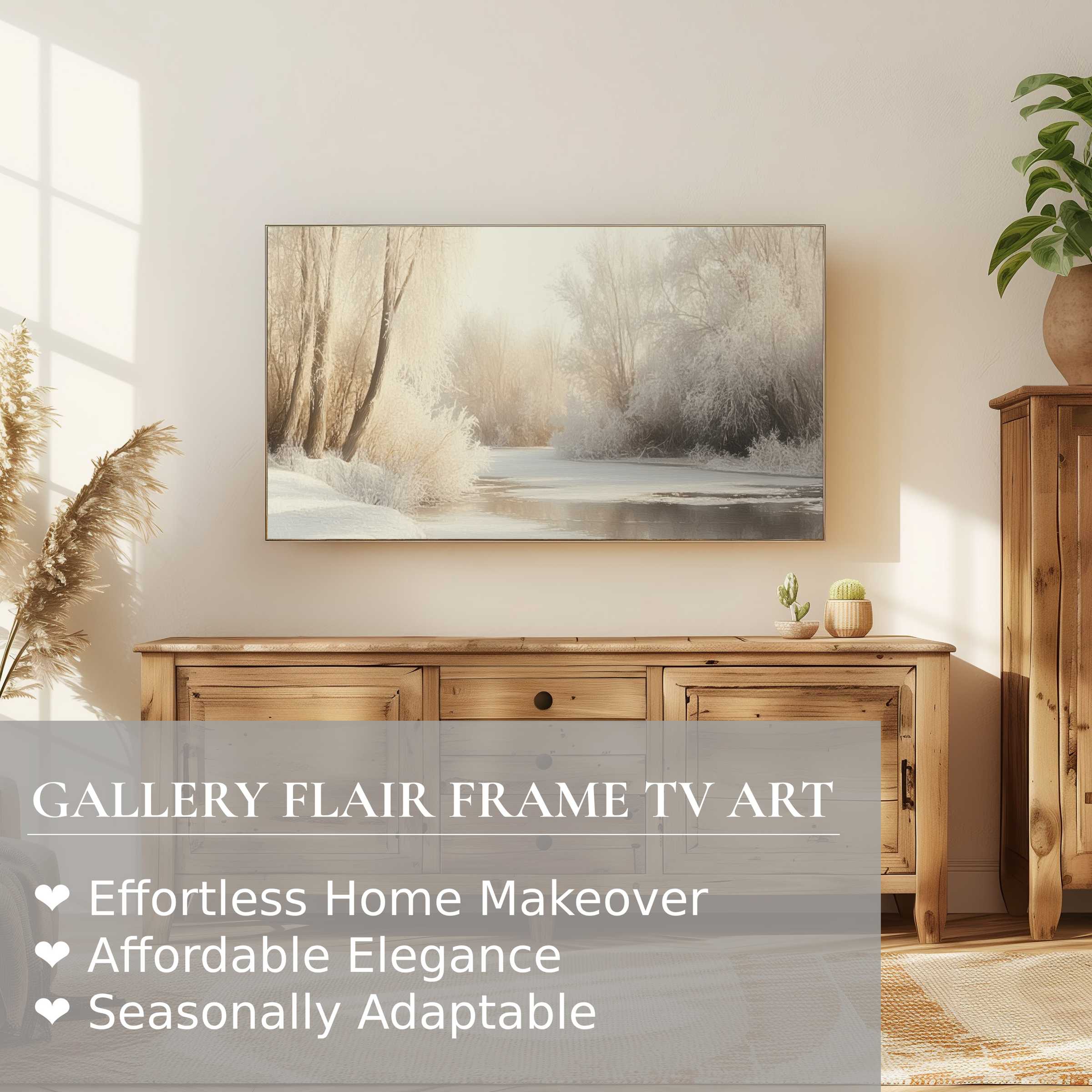 Samsung Frame TV displays serene winter digital artwork in soft neutrals, enhancing modern, elegant home decor