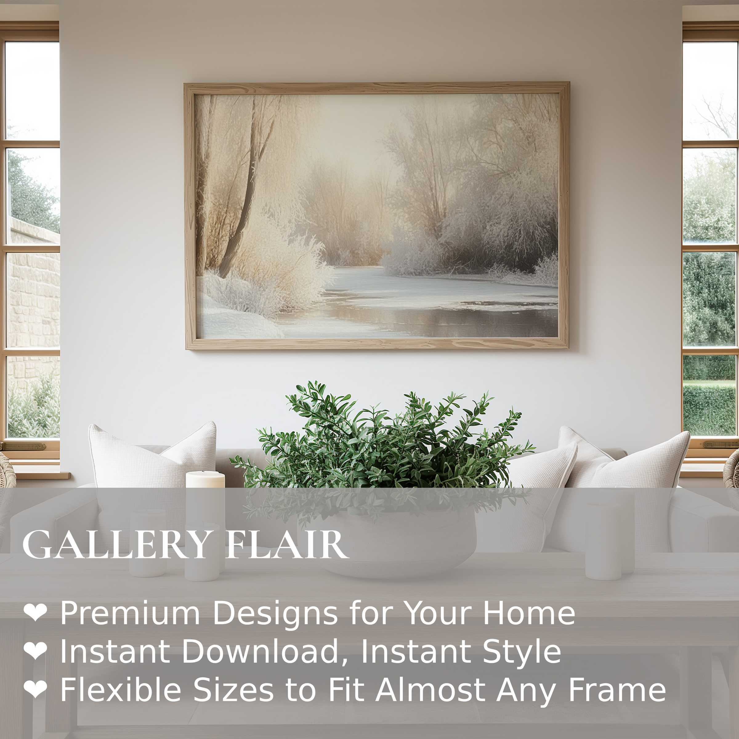 Winter wall art print capturing a serene frosted landscape with soft, calming tones enhancing modern minimalist decor