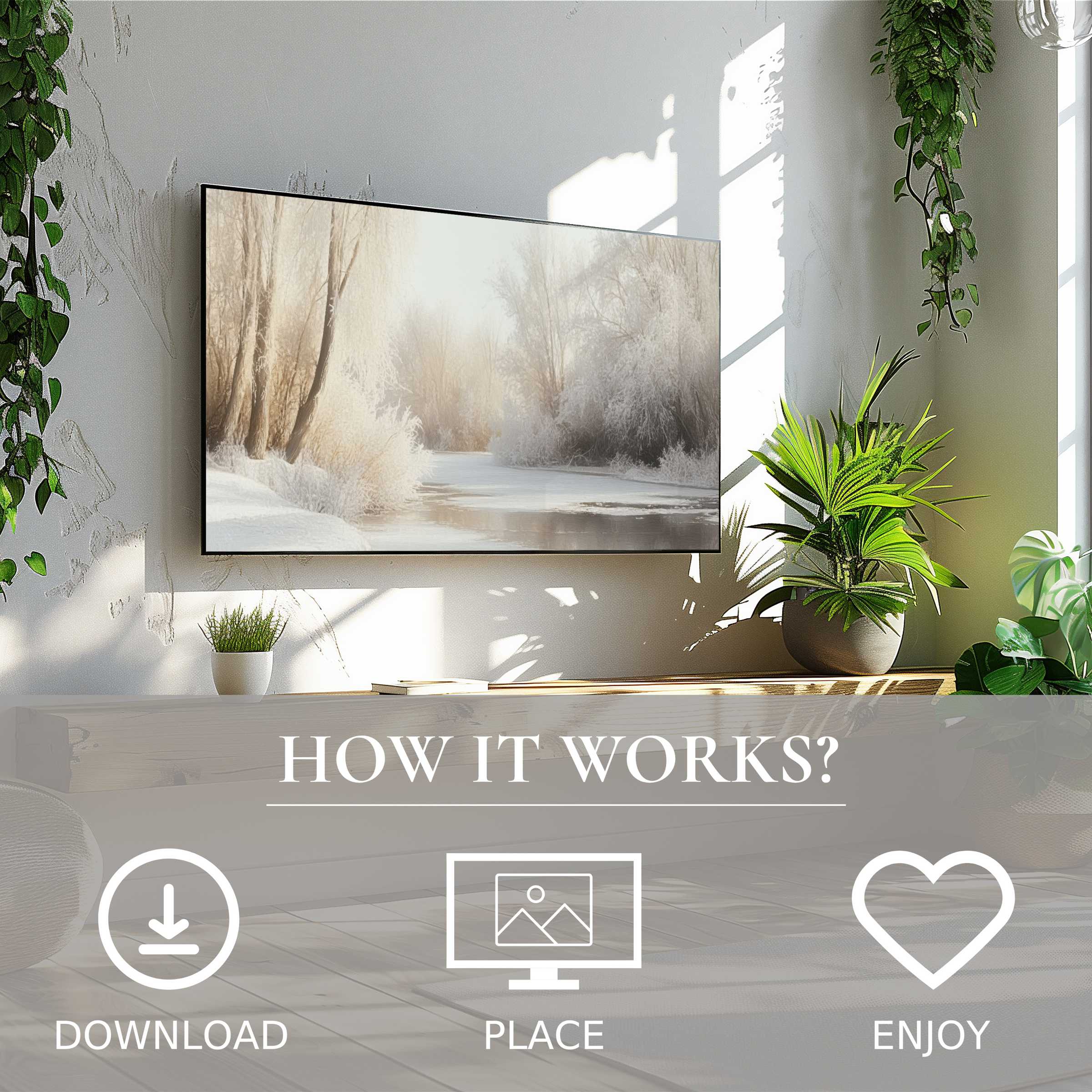 Winter art for Samsung TV shows soft winter tones with frosty trees; easy digital download enriches modern living space