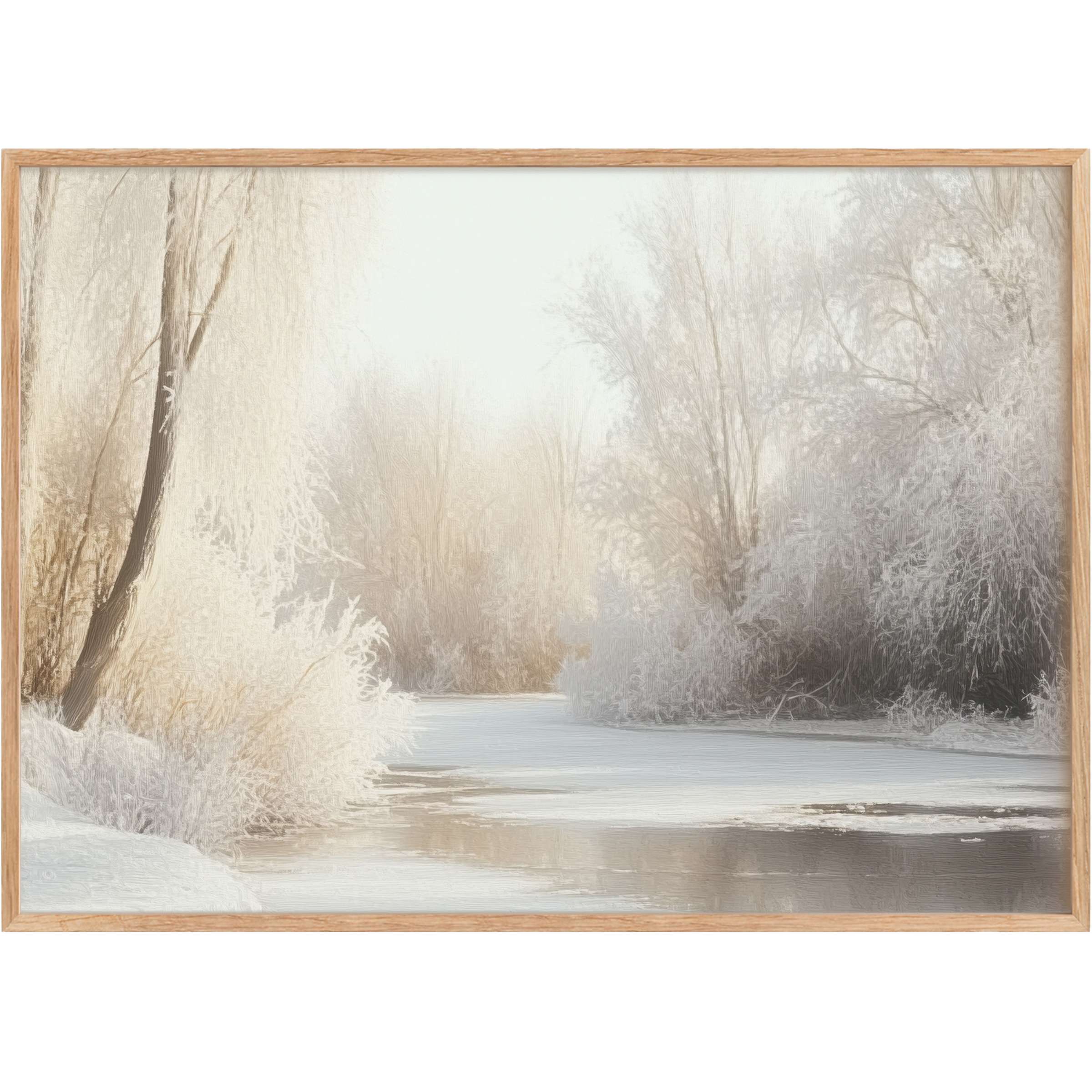 Ethereal winter printable wall art with soft whites and muted taupes, creating a serene, calming ambiance for elegant interiors