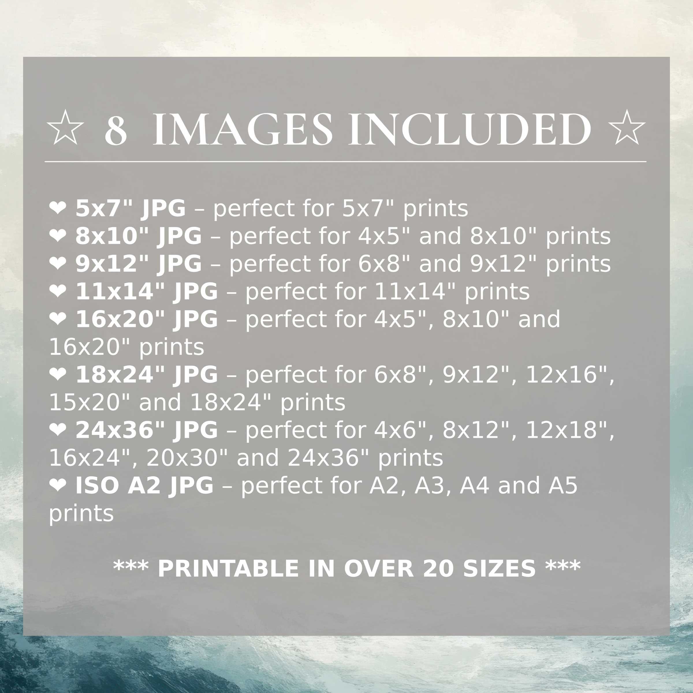 Coastal digital print exudes calming blue and soft gray tones, enhancing modern interiors with style and 8 included sizes