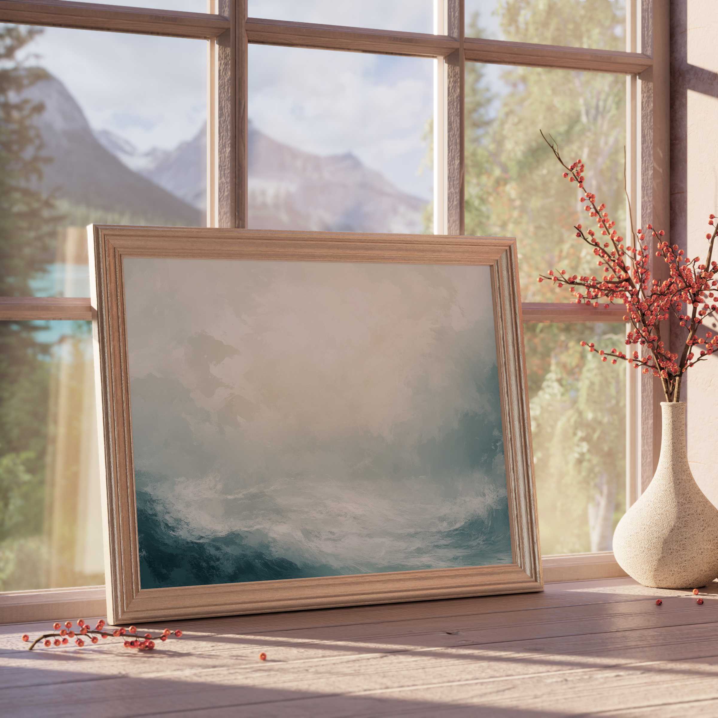 Coastal downloadable art capturing serene misty waves, elevating tranquil, curated interiors with natural elegance and calm