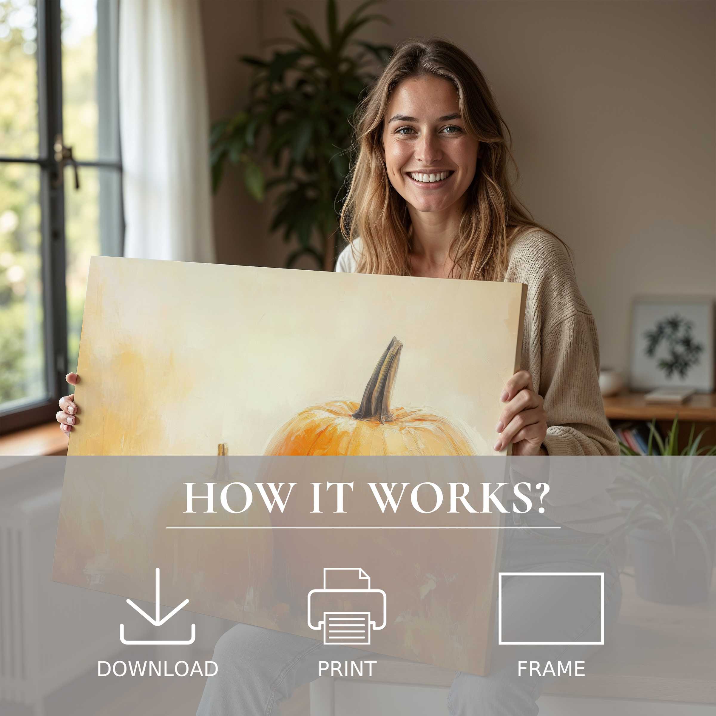 Woman in a serene, modern home joyfully connects with a warm fall digital art print, embracing effortless elegance