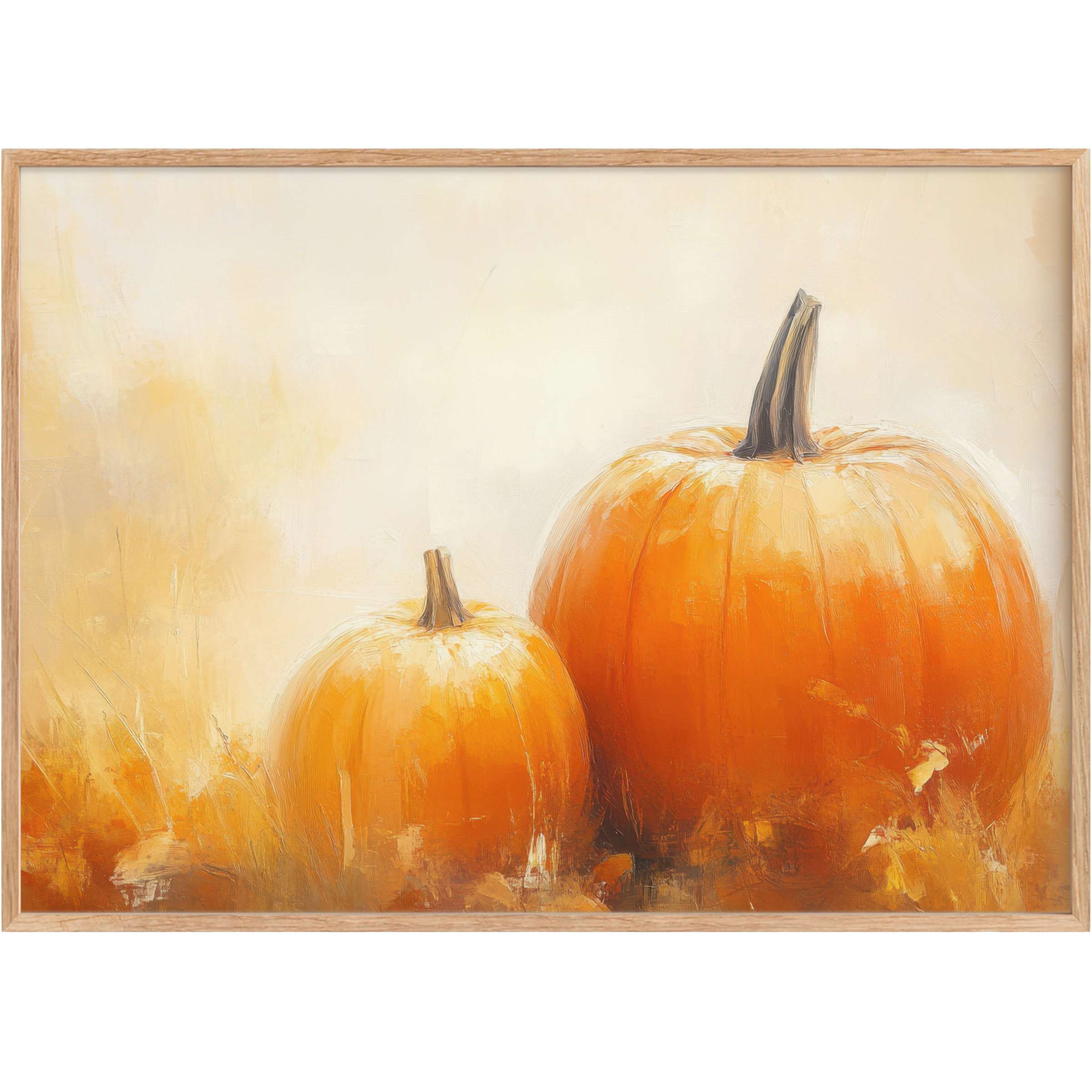 Fall printable wall art featuring warm orange pumpkins in soft golden hues, evoking a radiant and inviting autumn ambiance
