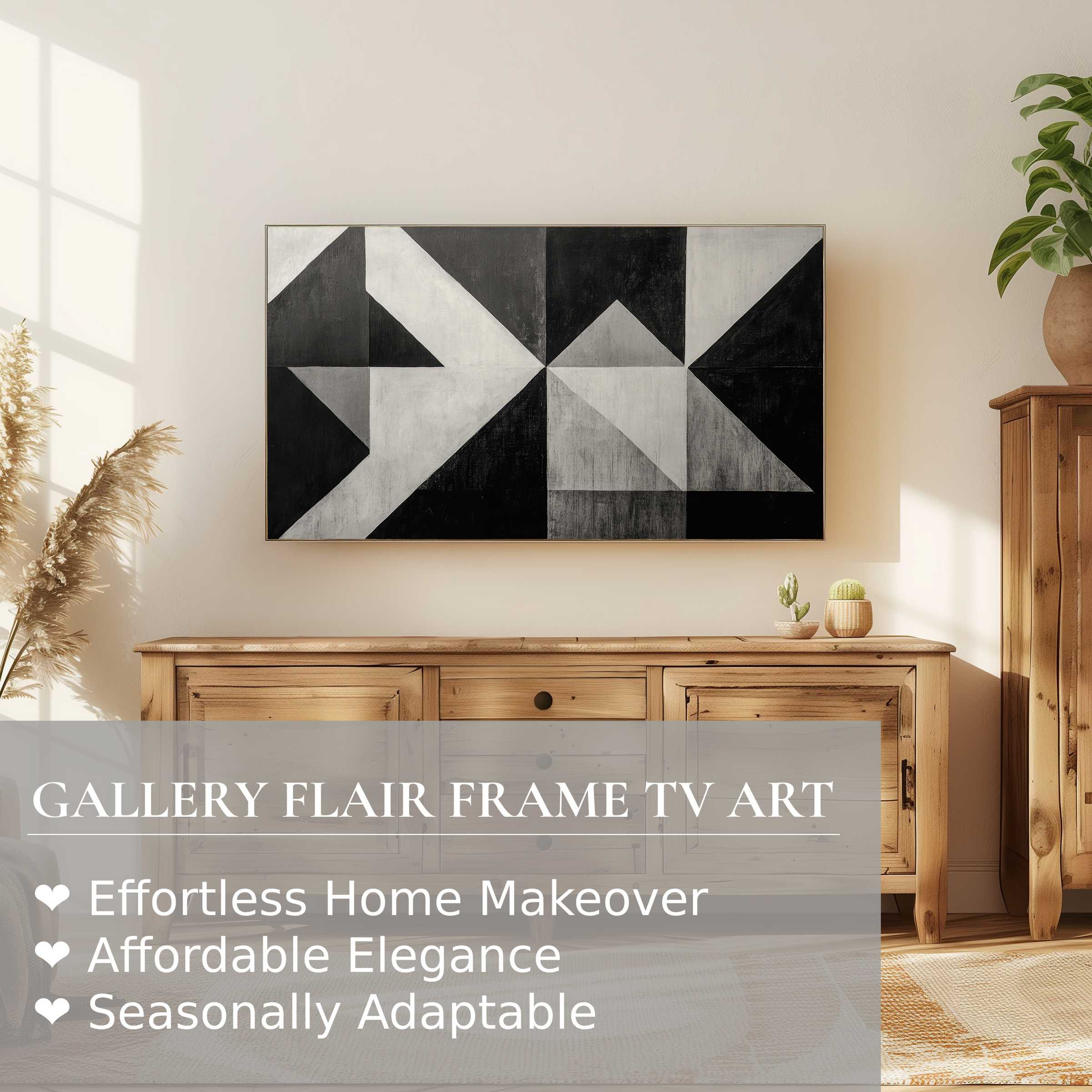 Samsung Frame TV displaying black and white digital artwork in a minimalist, sunlit, modern rustic living space