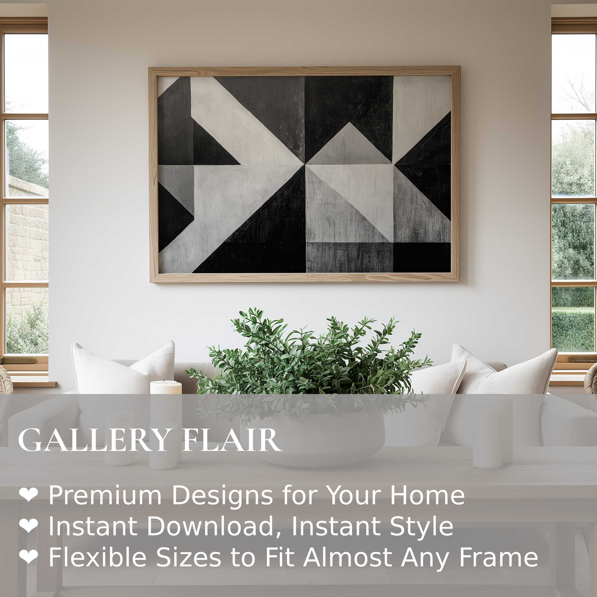 Black and white wall art print featuring bold geometric shapes, elevating contemporary minimalist living spaces with striking modern sophistication