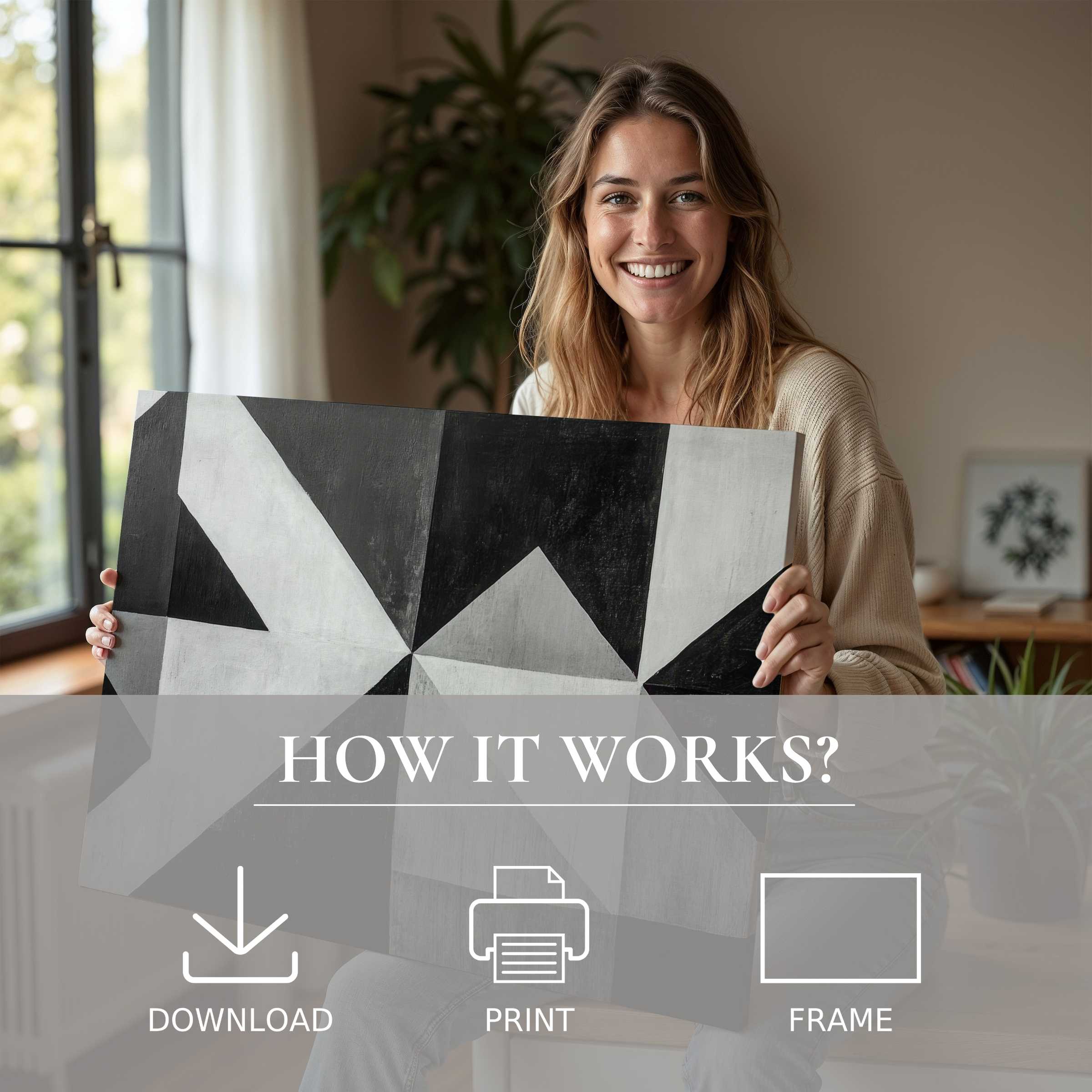 A radiant moment of connection and joy with a black and white digital art print in a sunlit, stylish home