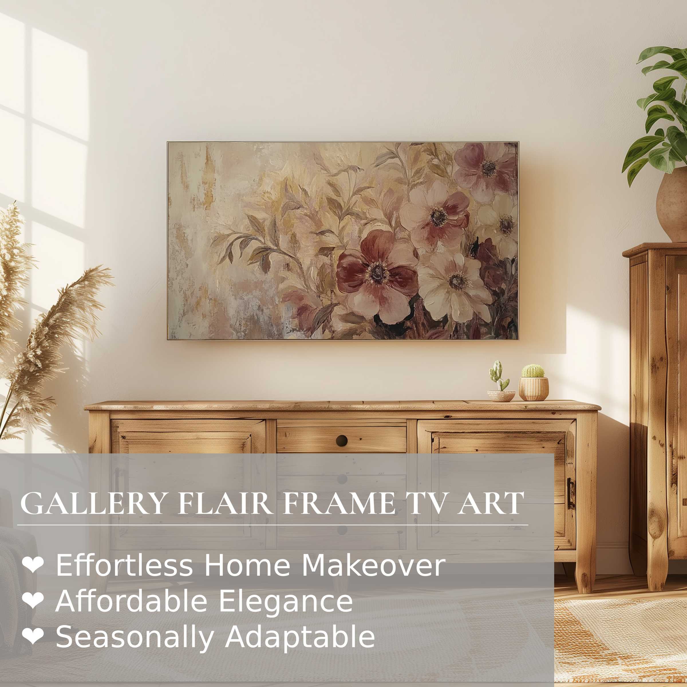 Elegant boho digital artwork of soft florals on Samsung Frame TV in a warm, modern natural wood living space