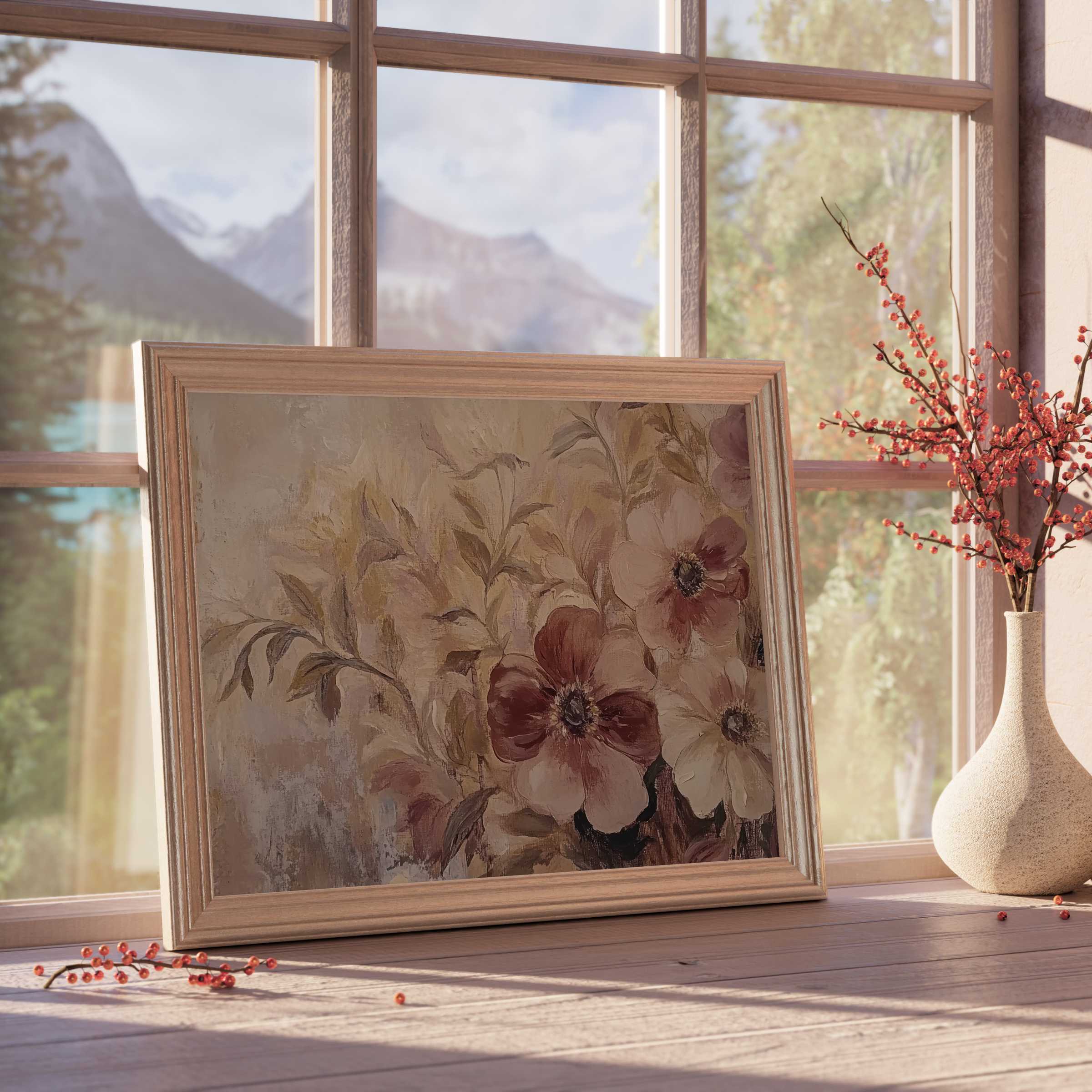 Boho downloadable art featuring delicate floral hues in a warm palette, elevating tranquil, curated interiors with timeless elegance