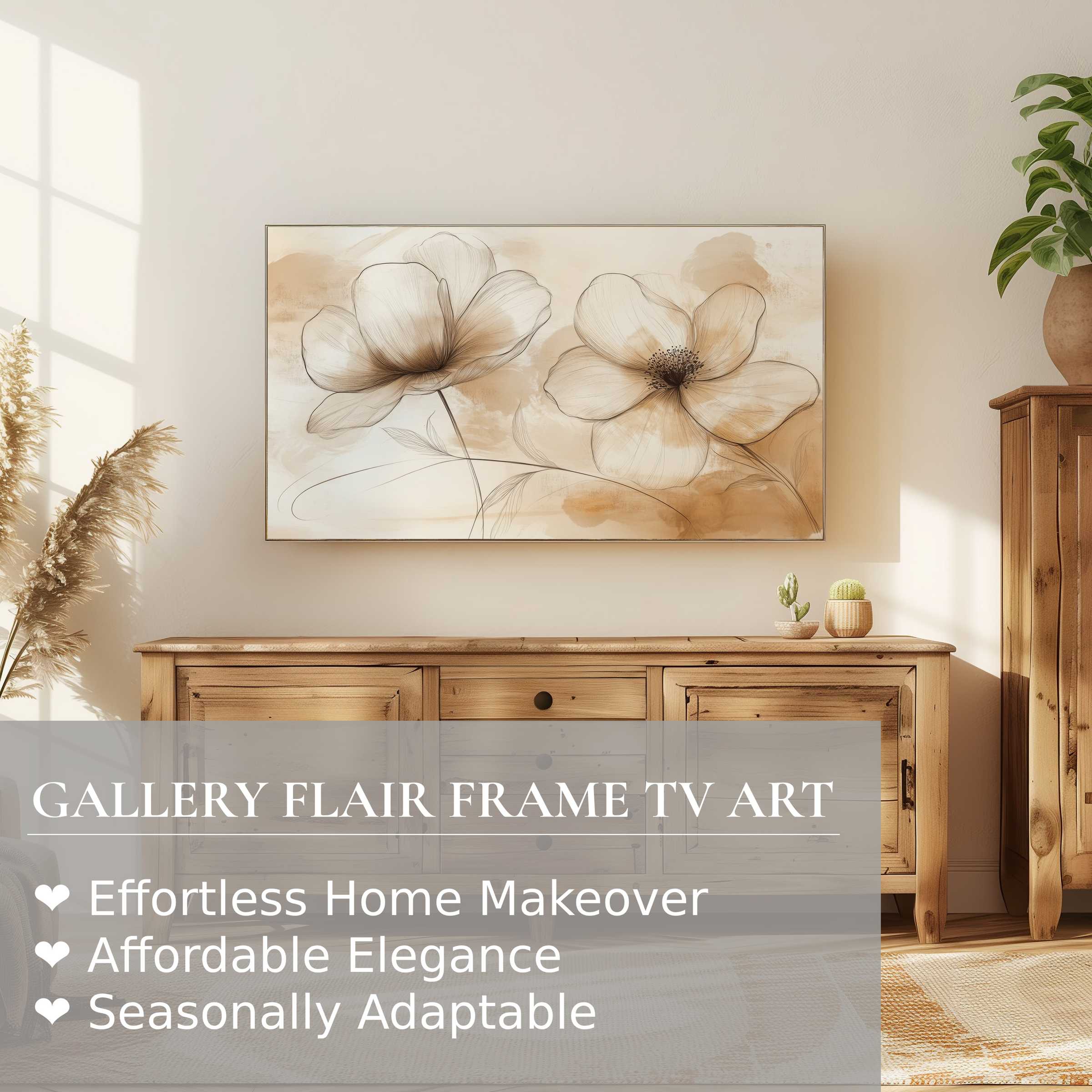 Samsung Frame TV displaying neutral digital artwork of soft floral sketches in a warm, modern living space