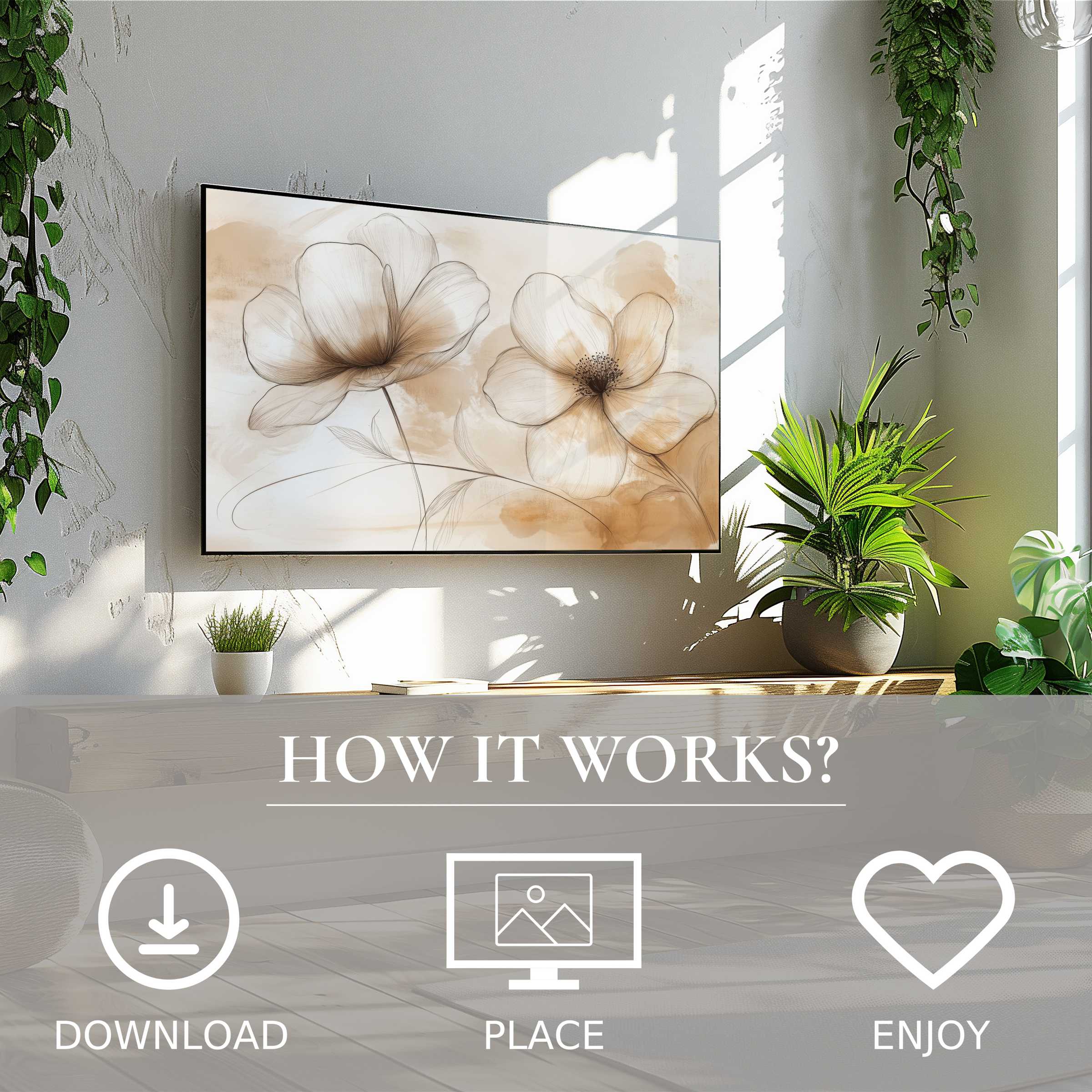Neutral art for Samsung TV shows soft beige floral motif, easy digital download to enrich any modern living space