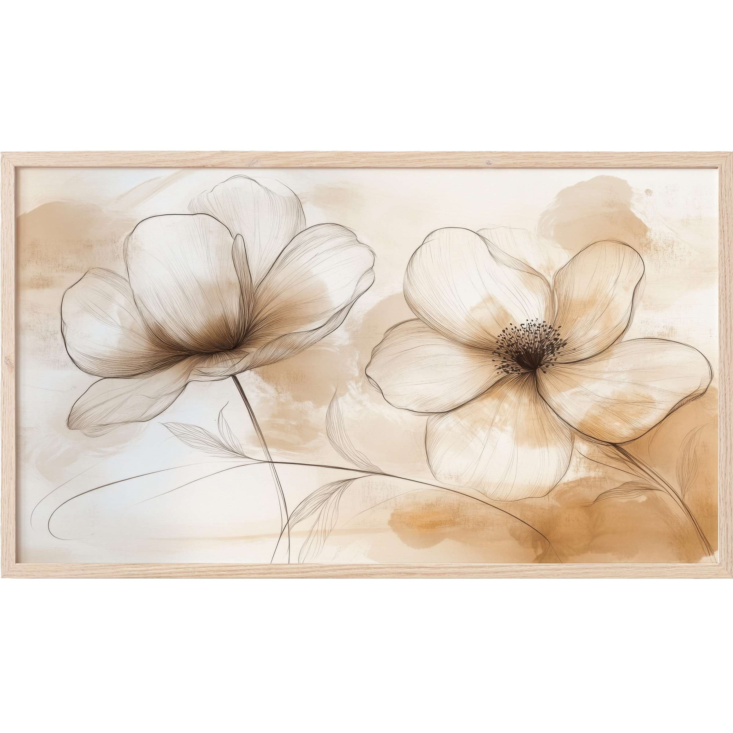 Elegant neutral Frame TV Art featuring delicate, sketch-like flowers in soft beige and warm brown tones