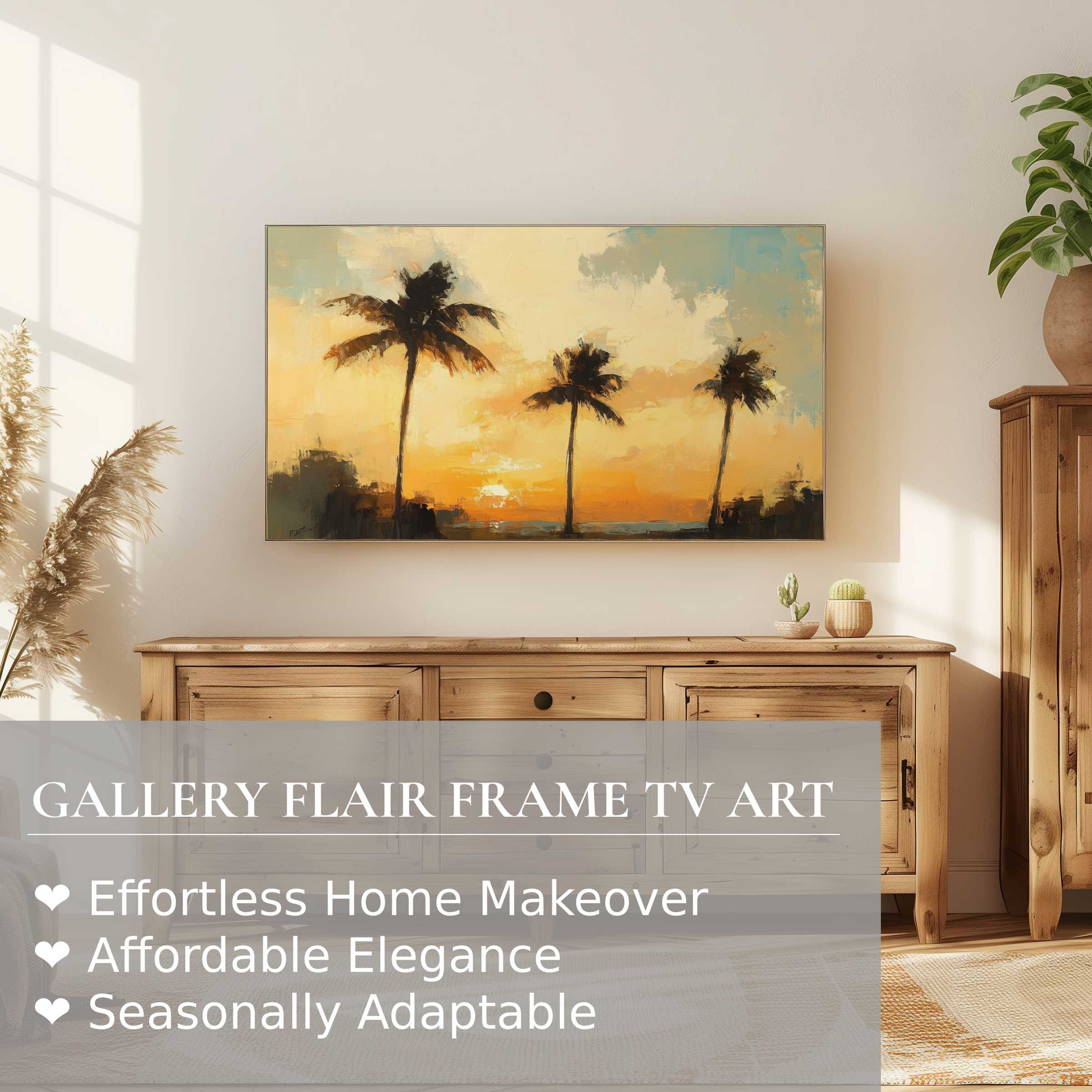 Samsung Frame TV showcasing warm beach digital artwork, elevating modern interiors with elegant coastal charm