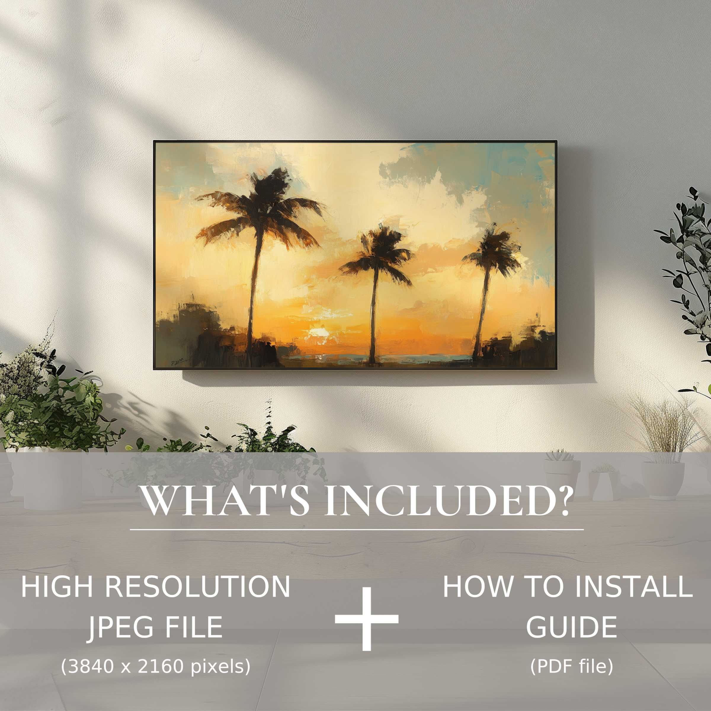Elegant beach digital TV art download enhances living spaces with easy digital use and stylish palm sunset view