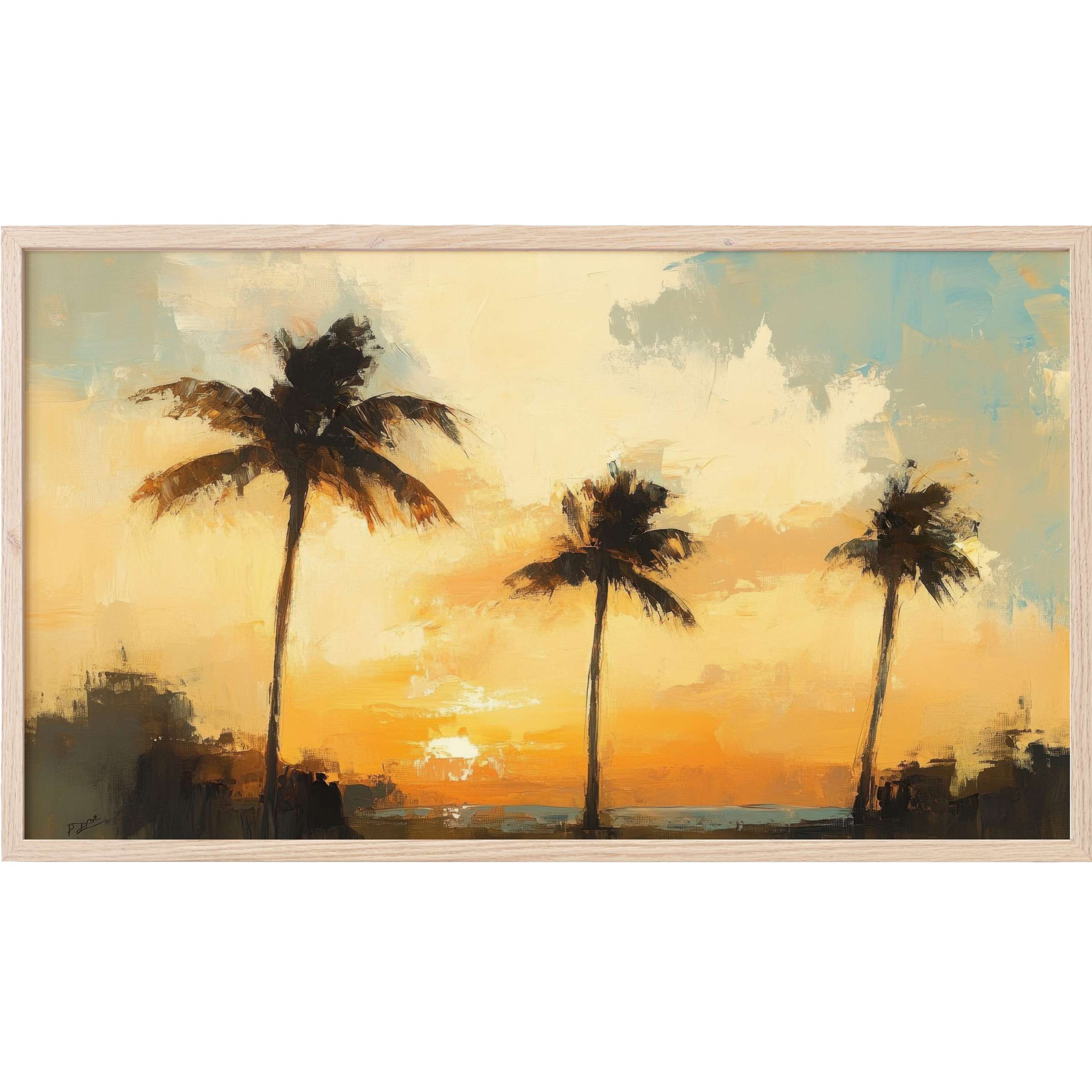 Elegant beach Frame TV Art with warm sunset hues, silhouetted palms, and soft brushstrokes in a modern style