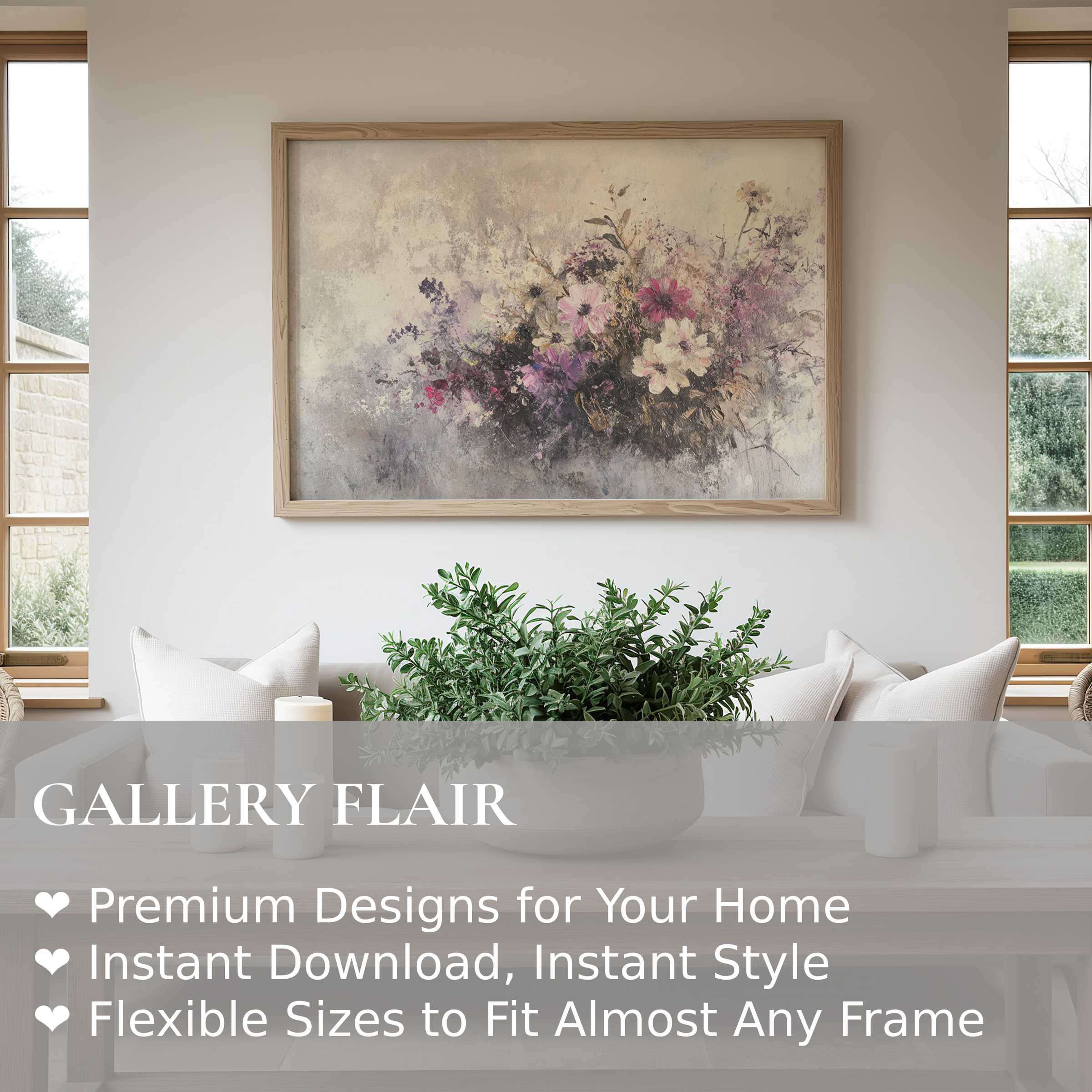 Botanical wall art print with soft pastel florals radiates calming elegance in a modern, airy living room for refined style