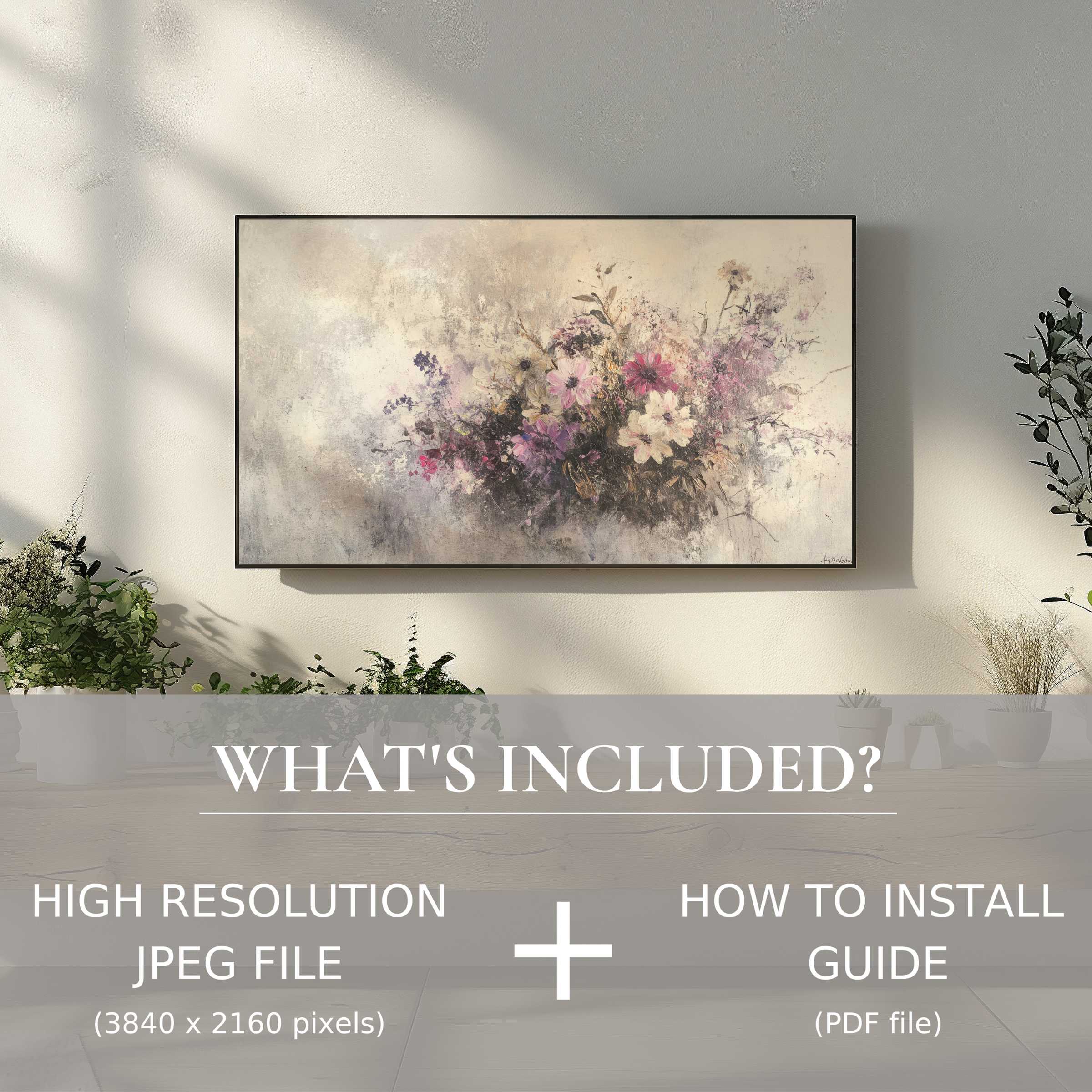 Elegant living room featuring botanical digital TV art download, enhancing space with easy digital use and style