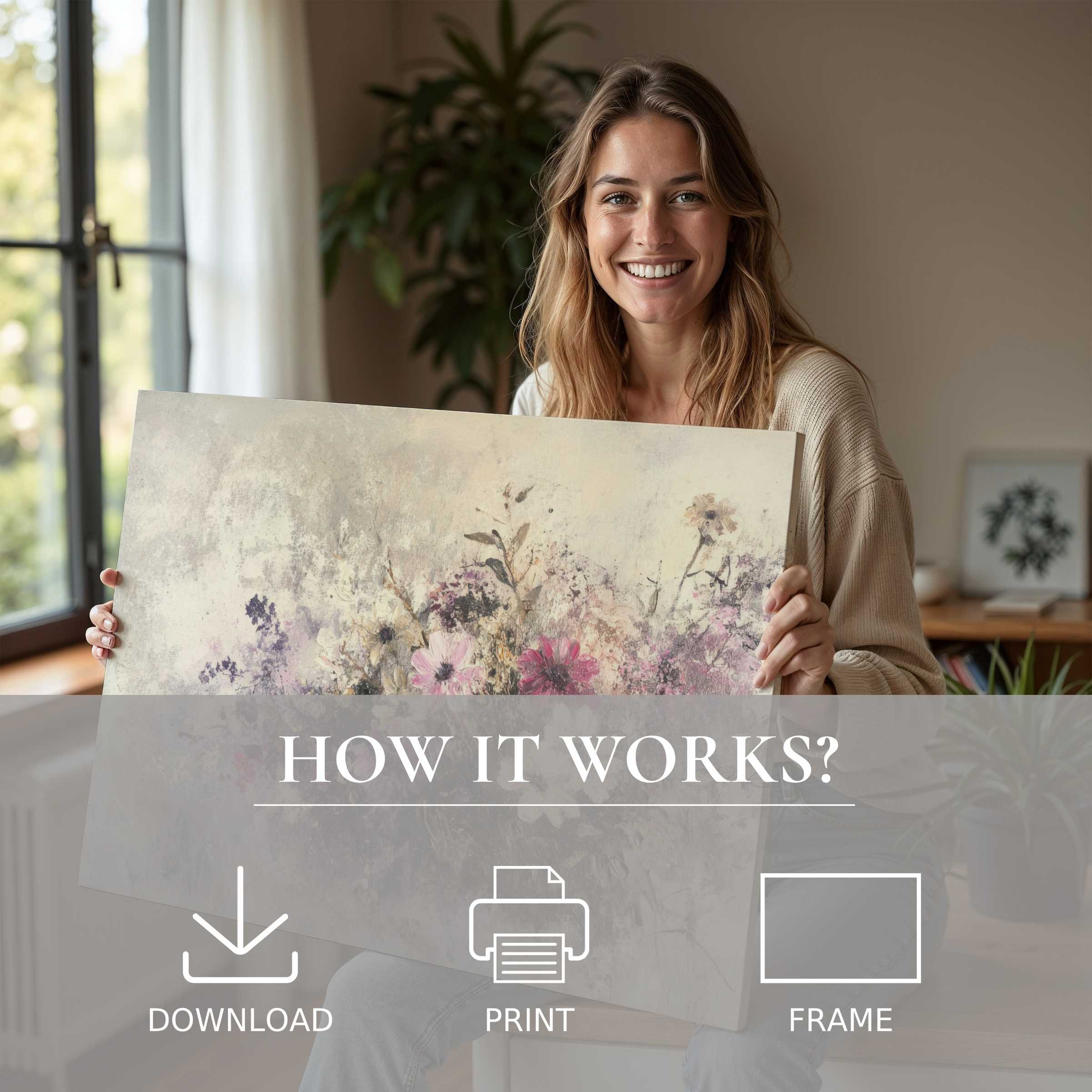 Elegant botanical digital art print embraced in a serene, sunlit space, inspiring joy and effortless home transformation