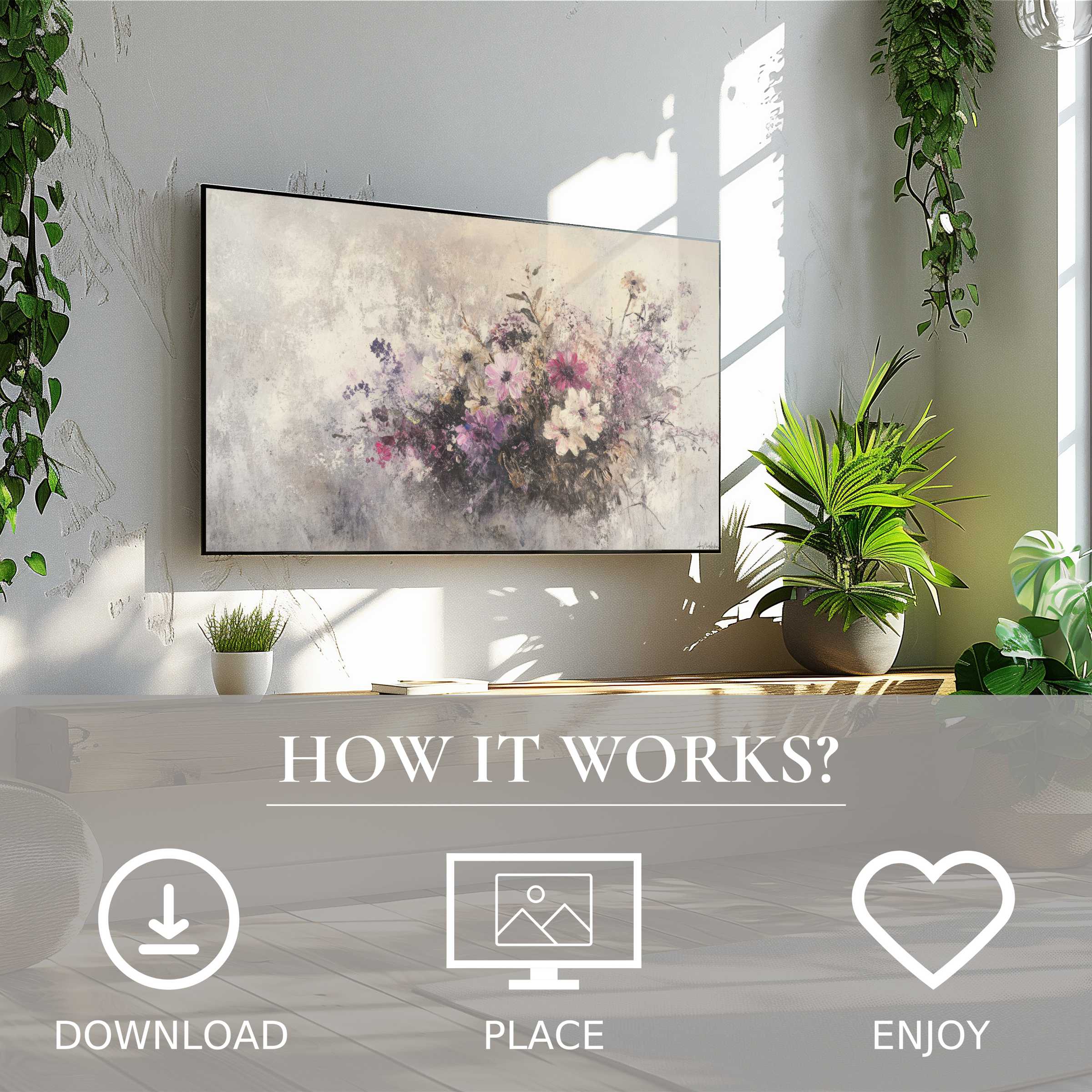 Botanical art for Samsung TV shows soft floral hues, easy digital download enriching bright, modern living spaces with subtle elegance